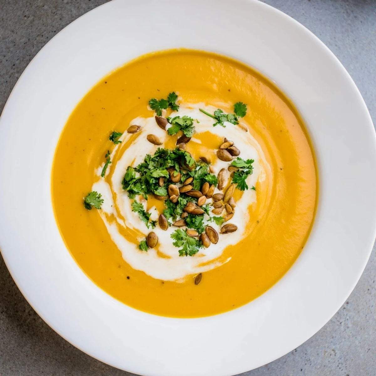 A steaming bowl of vibrant-orange Spiced Butternut Squash Soup, ready to be served hot with crusty bread.