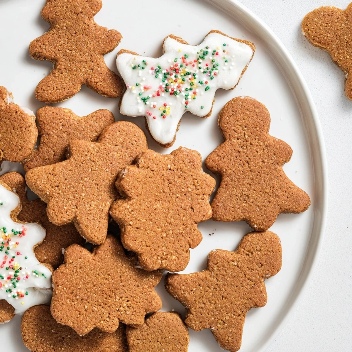 Festive plate of homemade Gingerbread Cookies, ready to be enjoyed with a hot cup of tea.