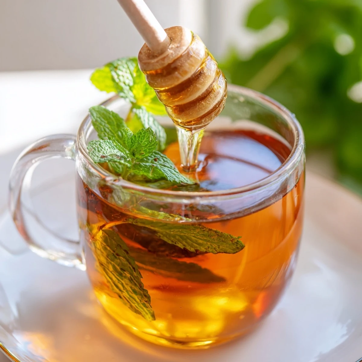 Steaming peppermint tea with honey, a warm, fragrant beverage, perfect for a cozy afternoon.