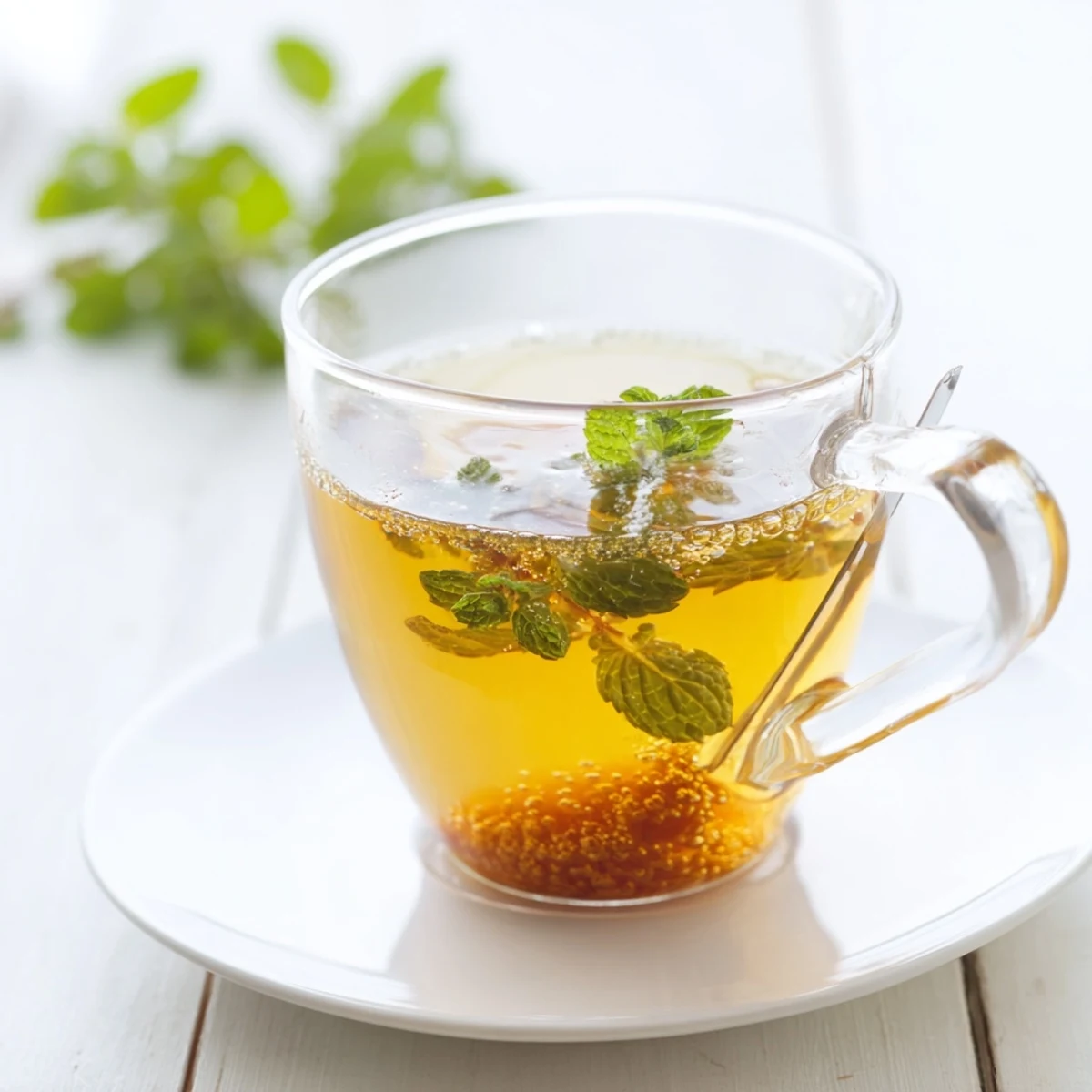 A close-up of a mug with rich, golden peppermint tea with honey and fresh peppermint sprigs.