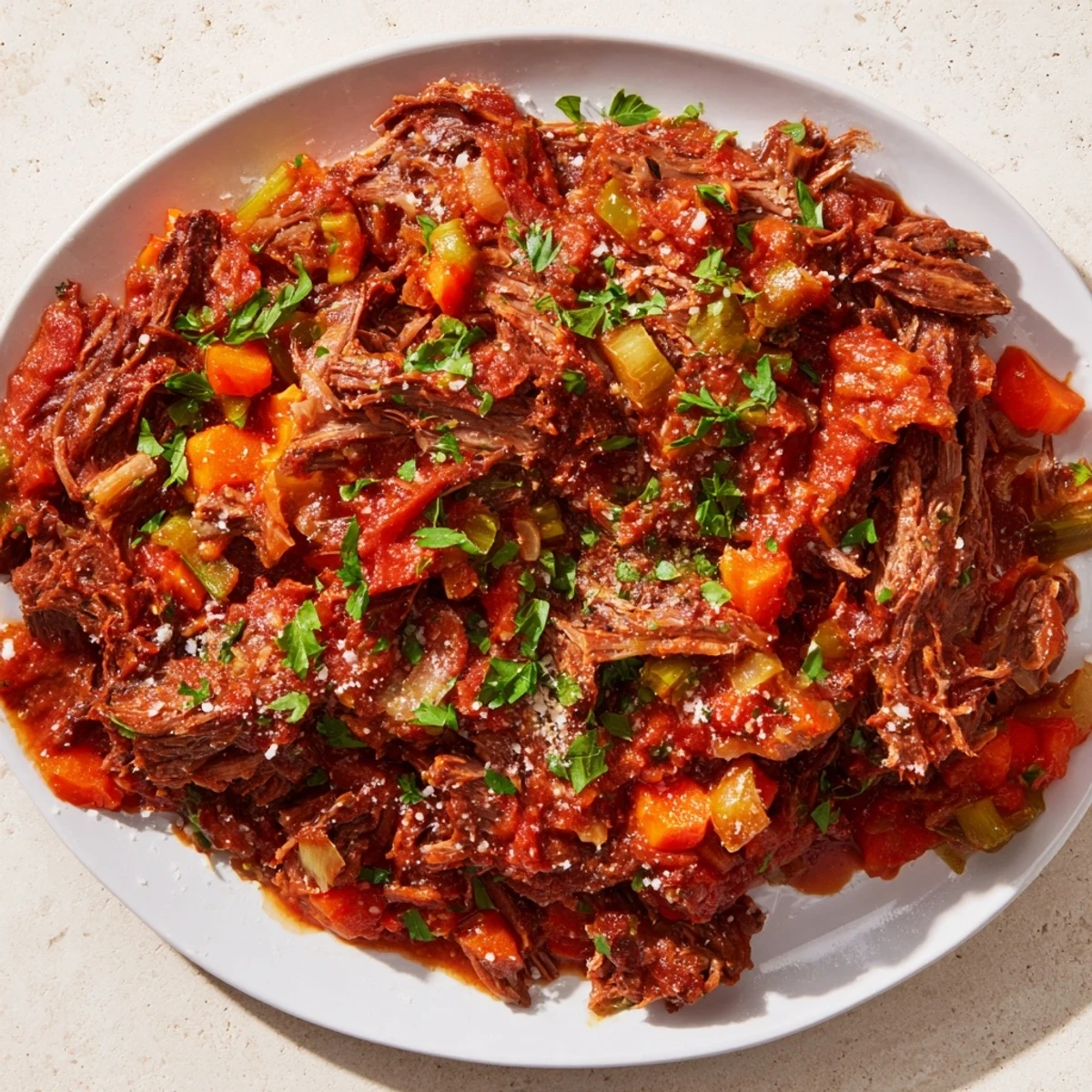 Slow cooked beef ragu, a hearty Italian dish, bubbling in a Dutch oven with rich sauce.