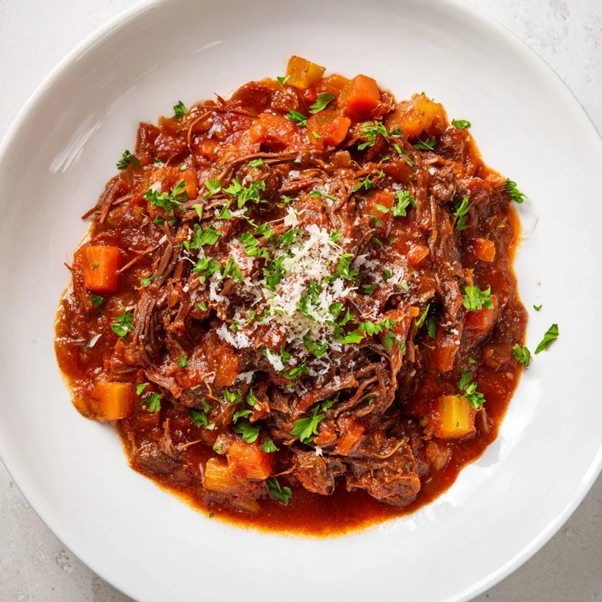 A close-up of steaming slow cooked beef ragu with fresh herbs and Parmesan, ready to eat.