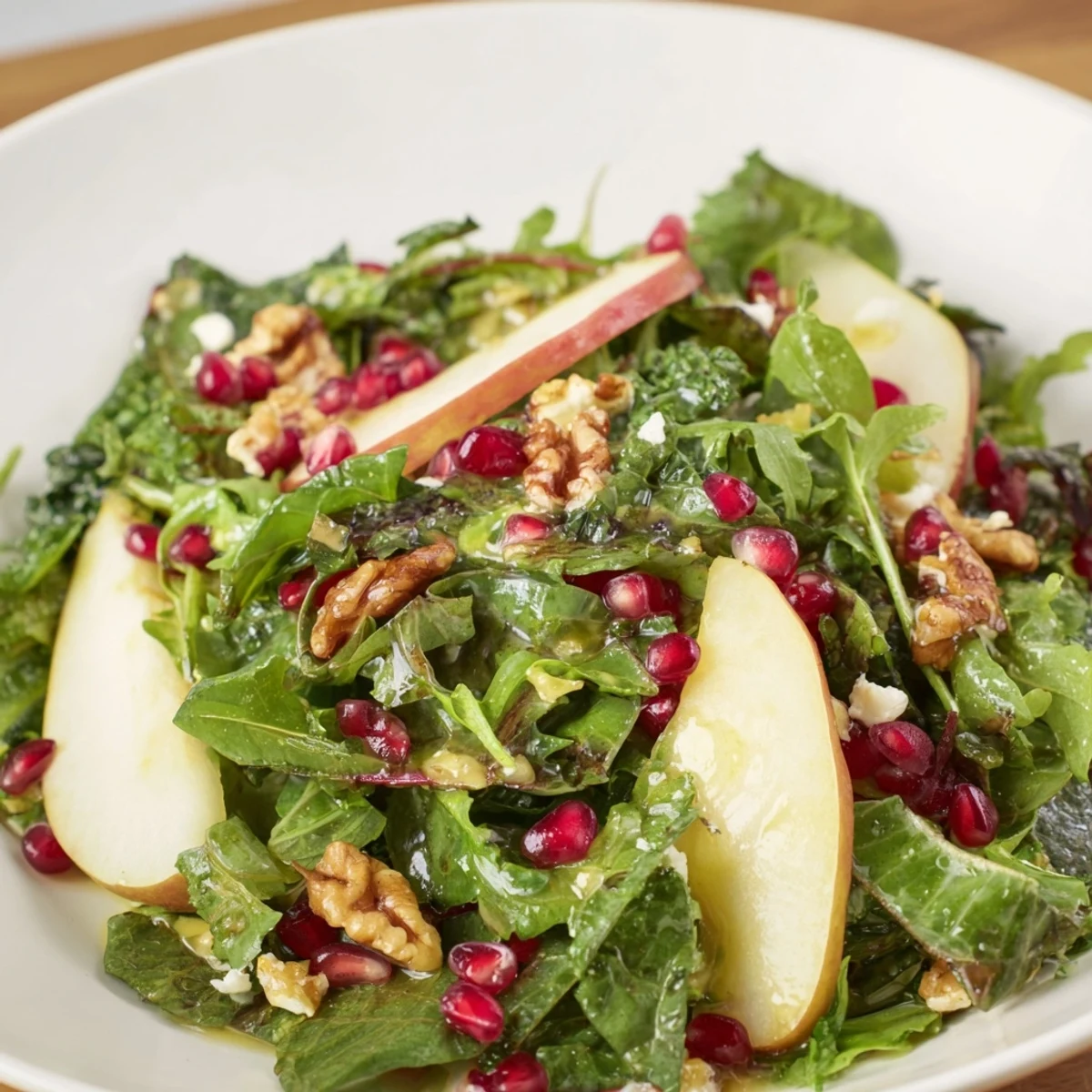 A bright, colorful Winter Green Salad with Walnuts, drizzled with citrus vinaigrette.