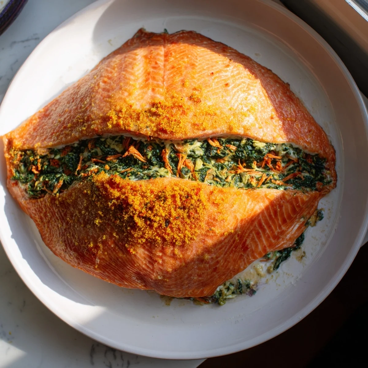 Perfect, flaky puff pastry encases delicious Baked Salmon en Croûte, ready to be served for dinner.