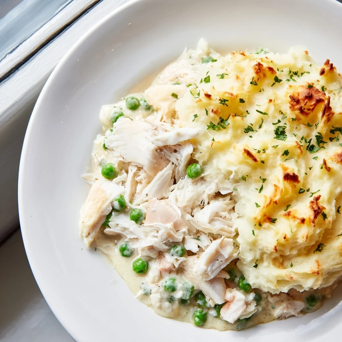 Golden, bubbly Creamy Fish Pie with creamy fish filling beneath fluffy mashed potatoes.