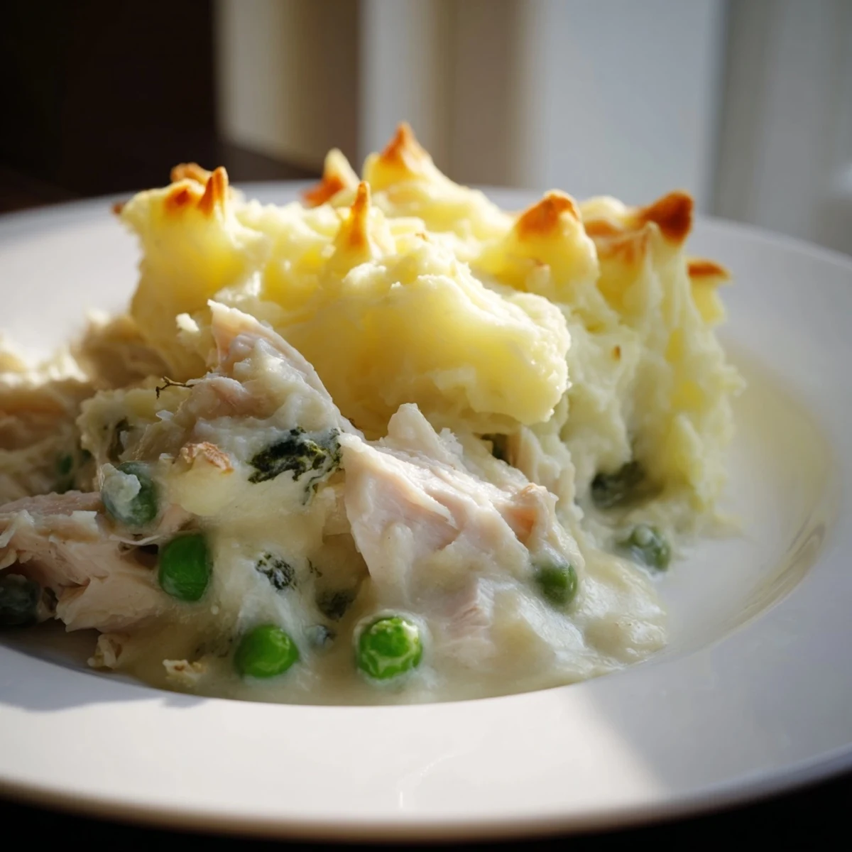 A close-up of a steaming, homemade Creamy Fish Pie, a comforting British main course.