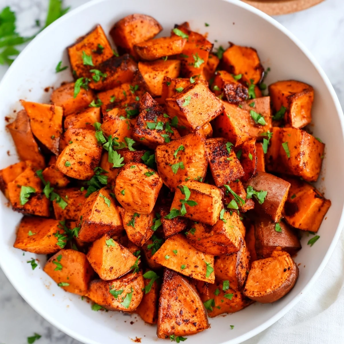 Golden, caramelized roasted sweet potatoes, a simple side dish bursting with sweet, savory flavors.