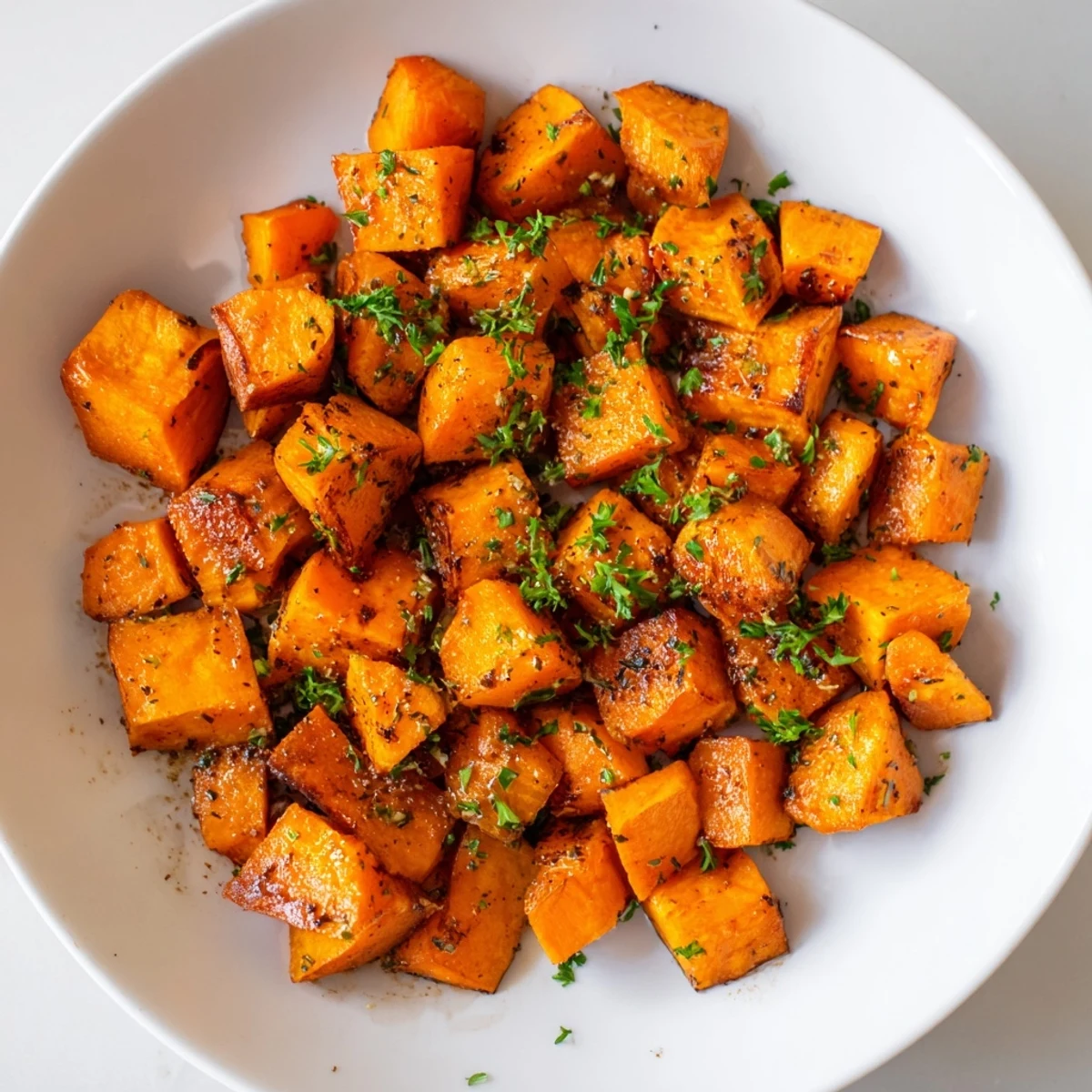 Perfectly roasted sweet potatoes, lightly charred and seasoned, ready to accompany your main course tonight.