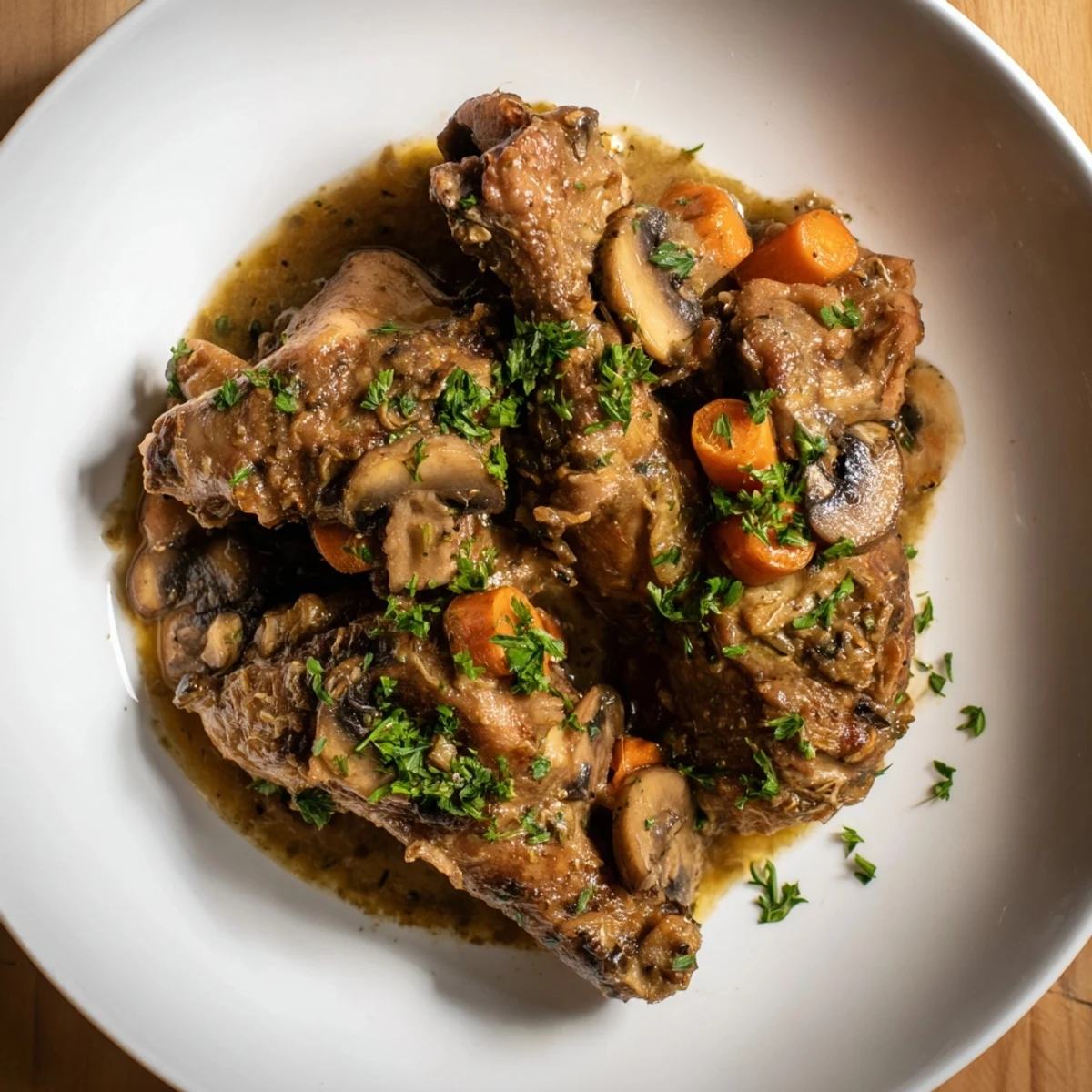 Tender, braised rabbit stew simmering, with carrots and herbs, a classic French comfort food.