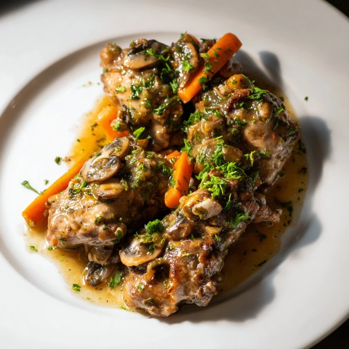 A close-up of a hearty braised rabbit stew, full of rich broth and fall-apart tender rabbit.