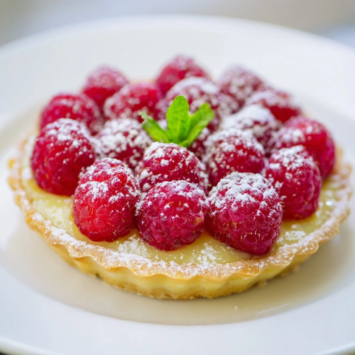 Golden-crusted lemon tart overflowing with a vibrant, glistening filling, topped with ruby-red raspberries.
