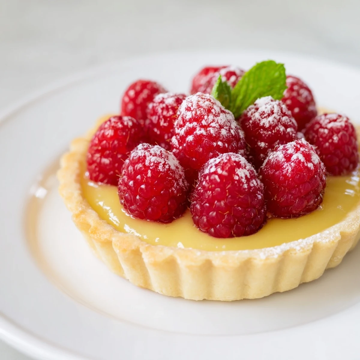 A beautifully presented lemon tart with juicy raspberries, promising a delightful balance of sweet and tart flavors.
