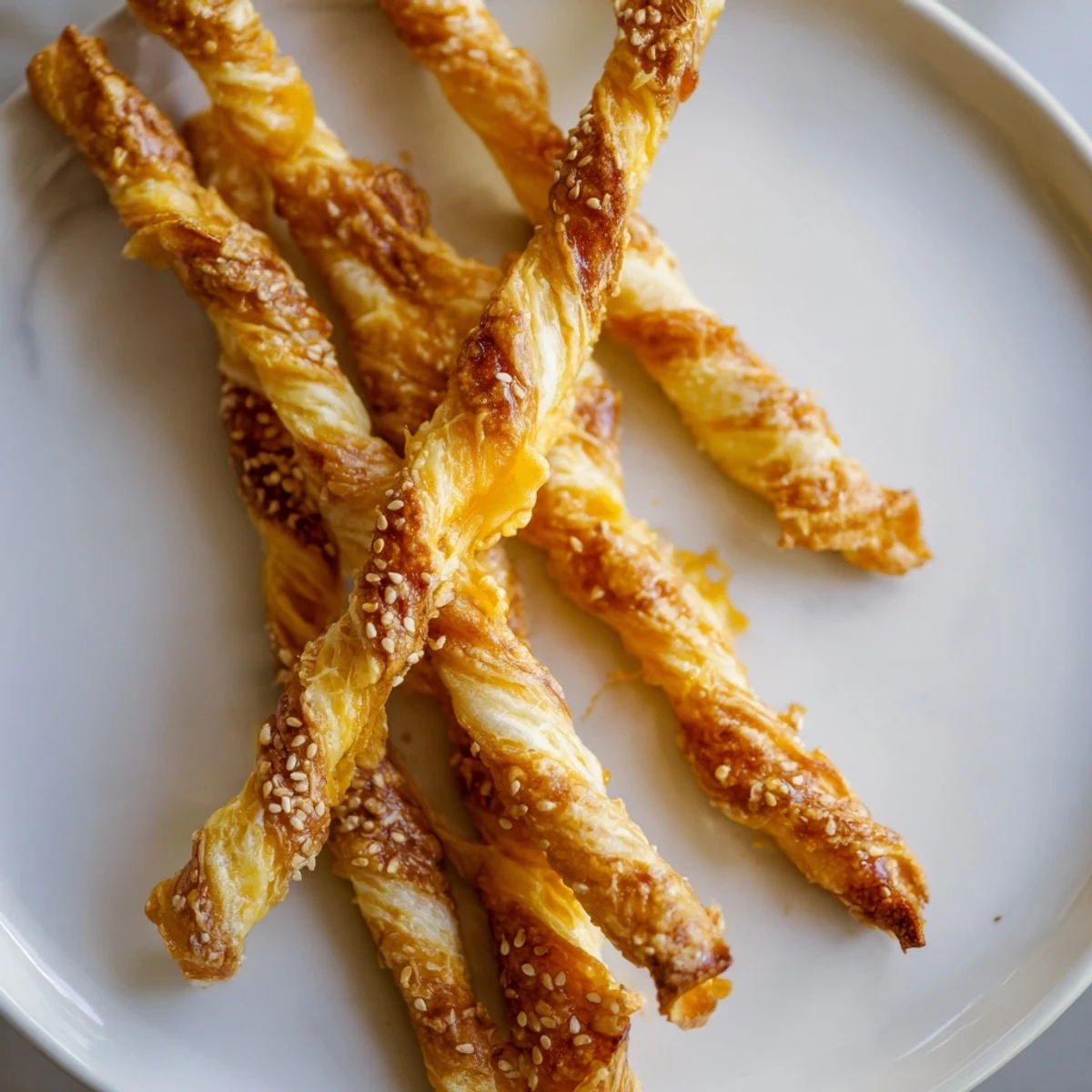 Golden, crispy savory cheese straws ready to eat, perfect for a flavorful snack.