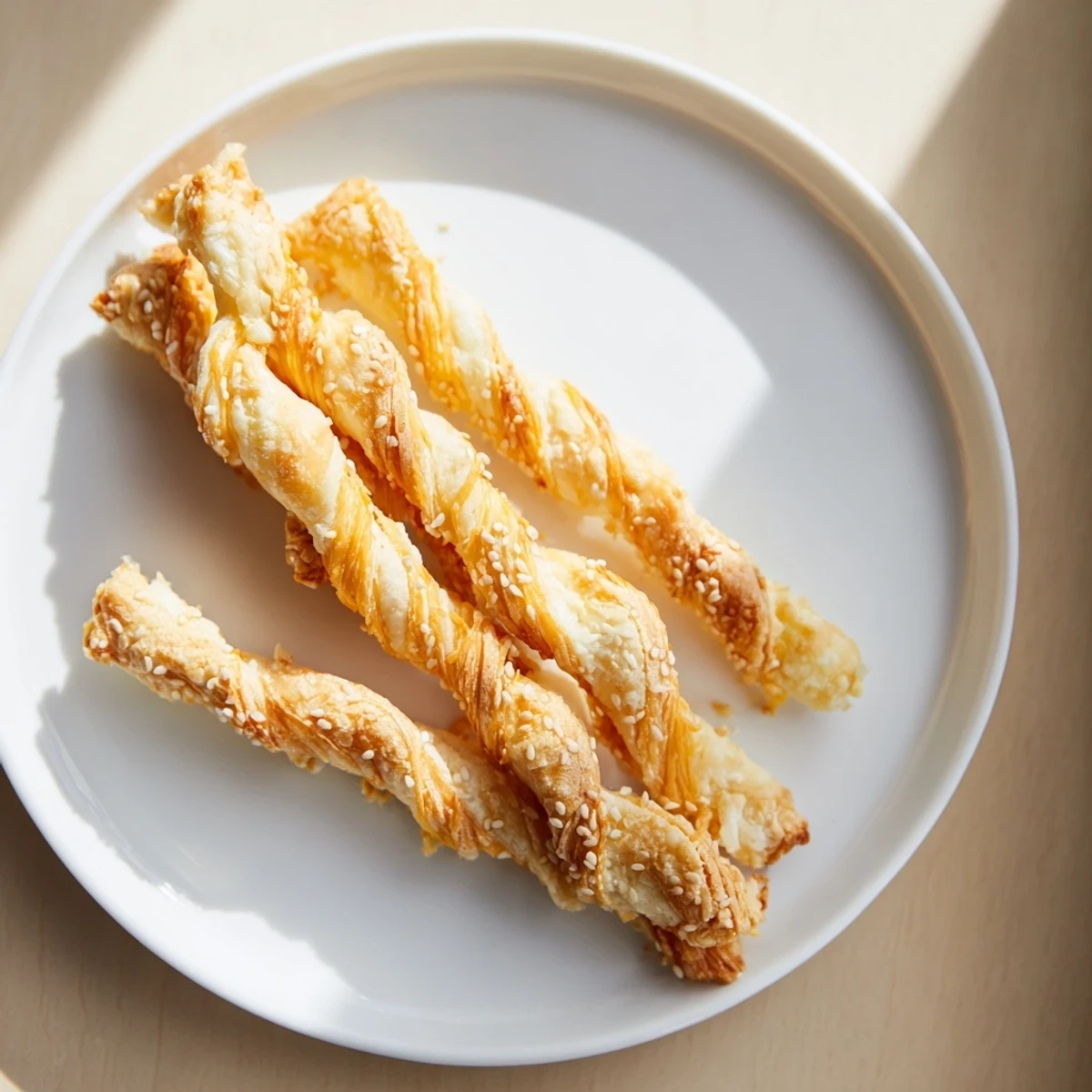 Close-up of baked savory cheese straws, wonderfully flaky and delicious, ready for serving.