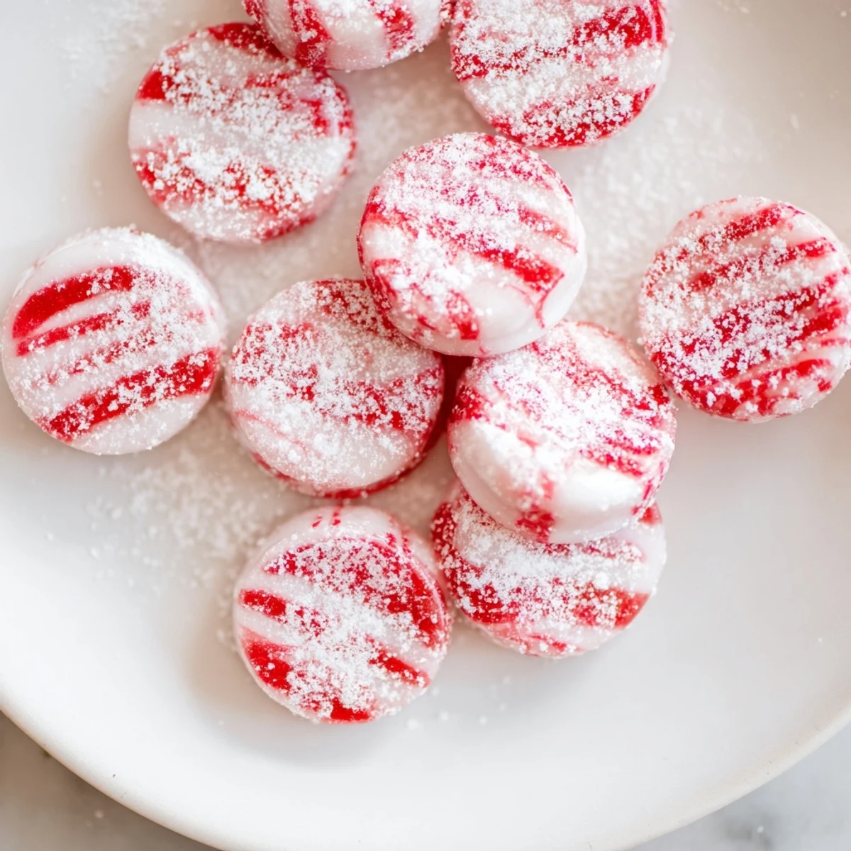 Freshly made Peppermint Sweets, soft and dusted with powdered sugar, ready for serving.