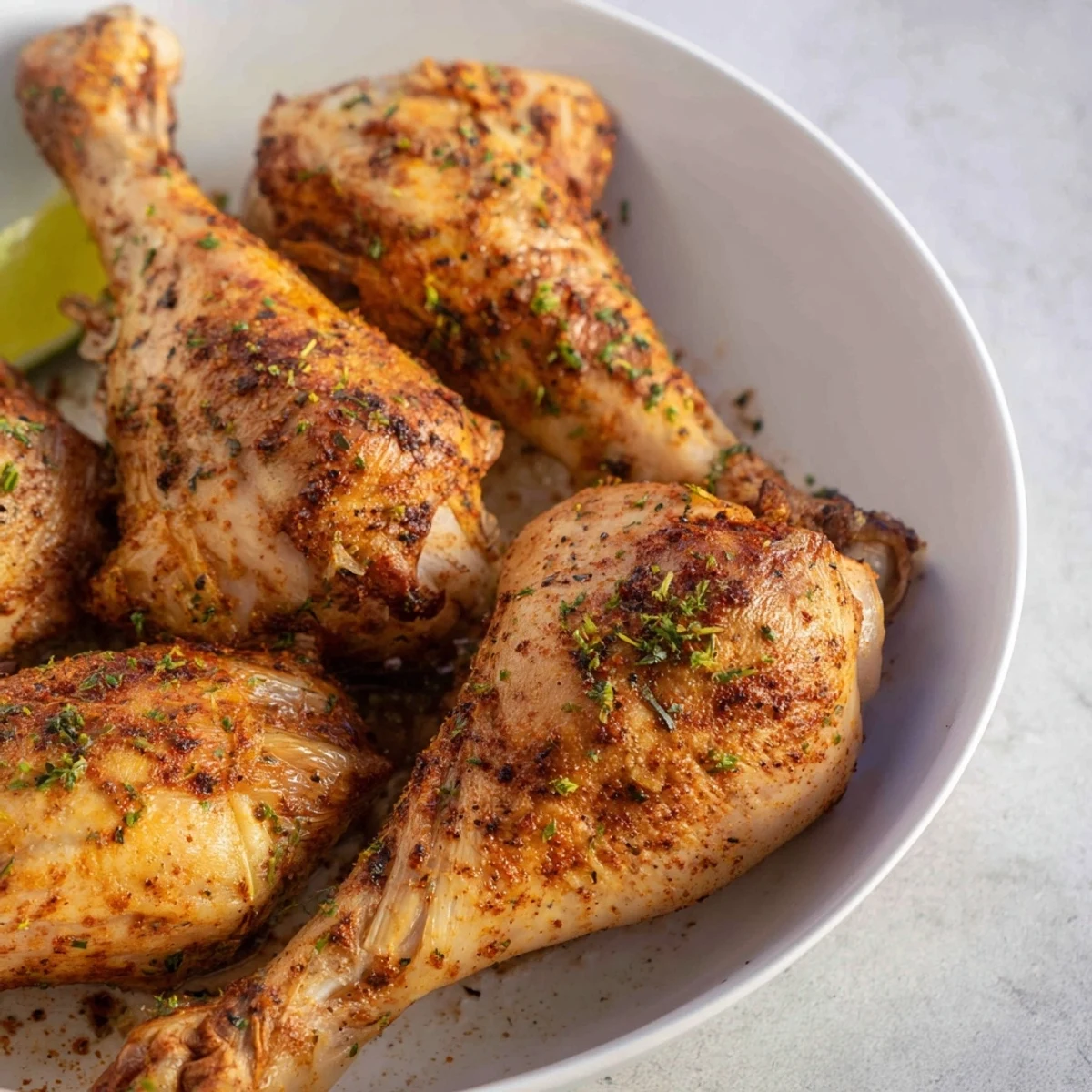 Golden-brown roasted chicken legs, glistening with flavorful herbs, ready to savor.