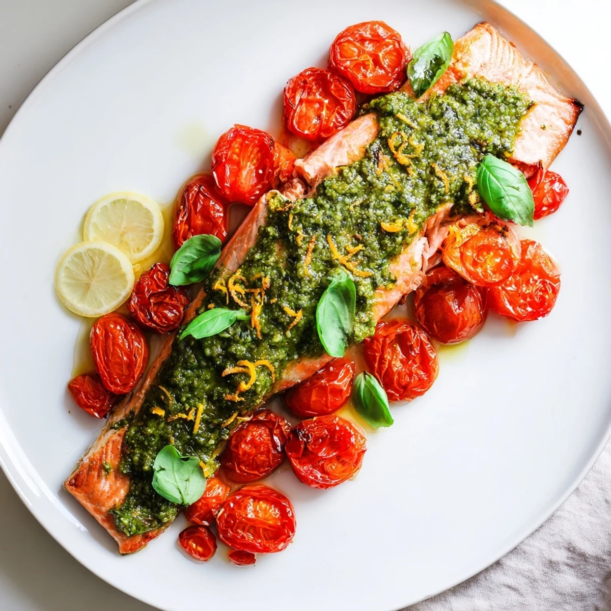 Flaky baked salmon with pesto, juicy cherry tomatoes, and a squeeze of fresh lemon.