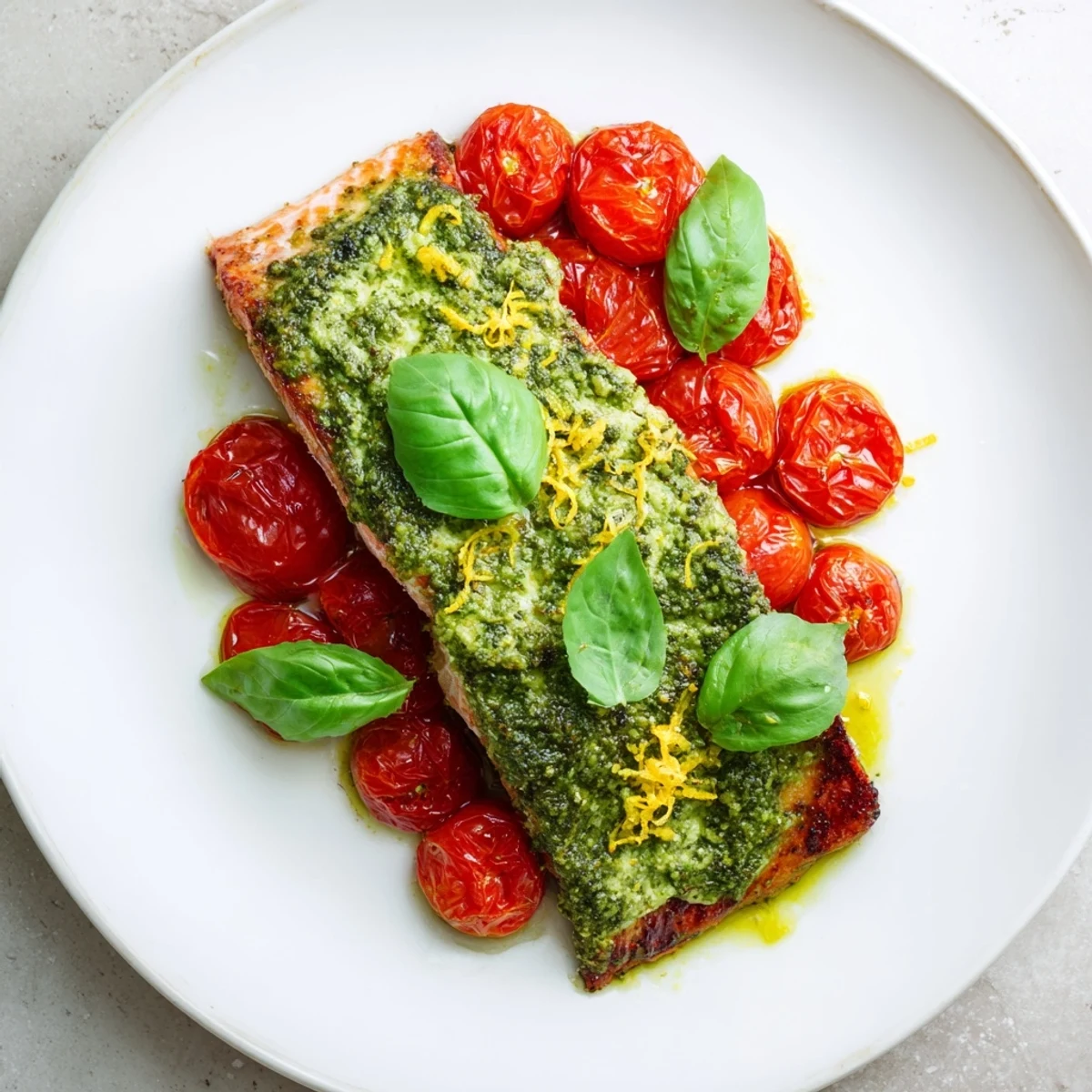 Beautifully baked salmon with pesto, vibrant tomatoes, and ready for serving with lemon wedges.