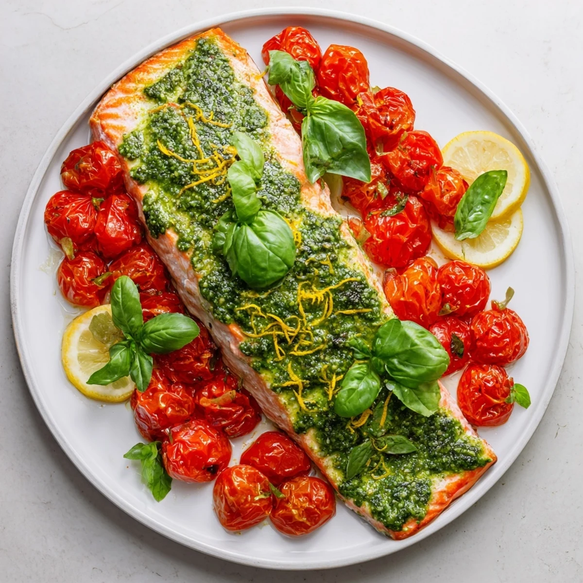 A close-up shot of perfectly cooked baked salmon with pesto and sweet roasted cherry tomatoes.