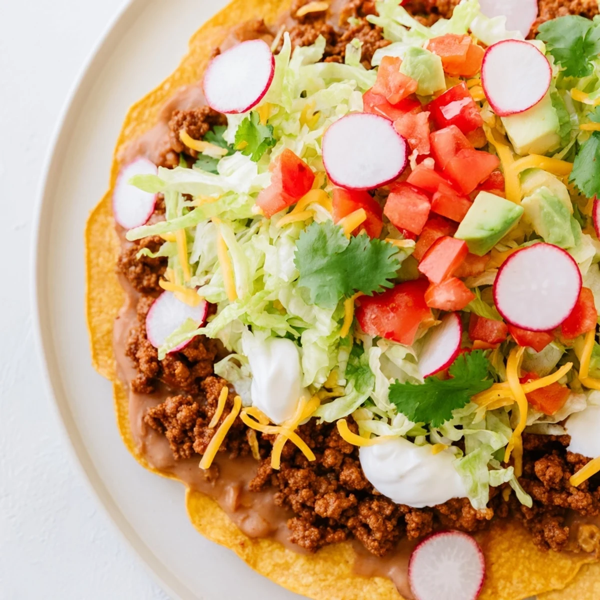 Beef tostadas: a vibrant, layered Mexican dish with seasoned beef and fresh, colorful toppings.