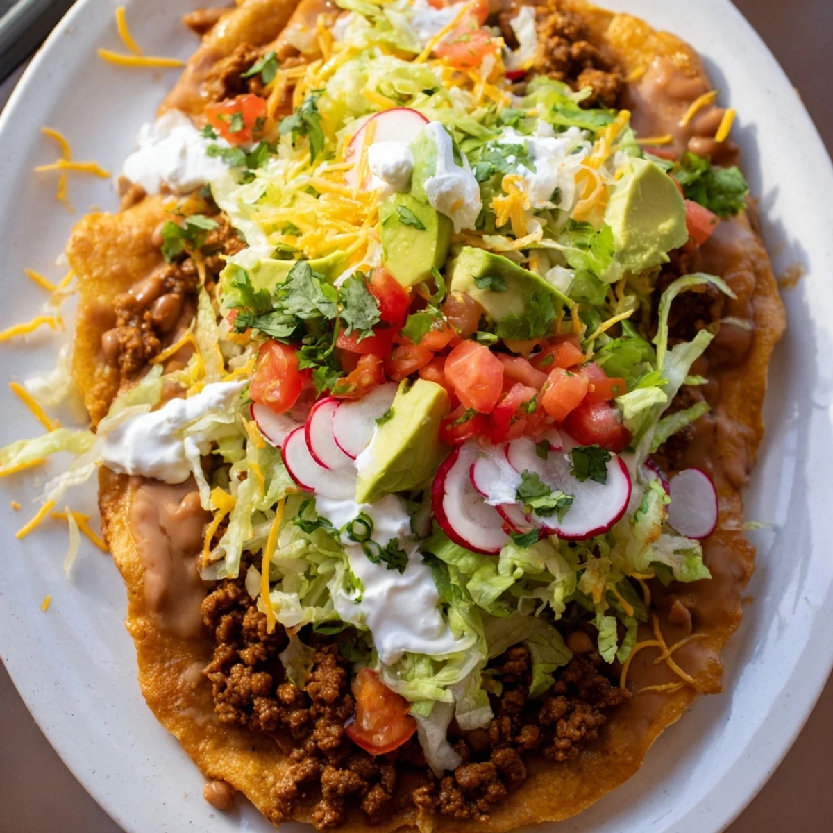 Savory beef tostadas with refried beans, crunchy shell, and a delicious combination of textures and flavors.