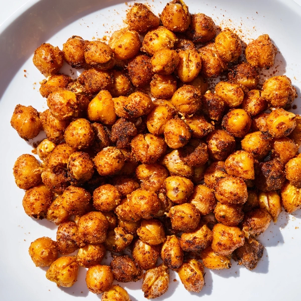 Golden-brown spicy roasted chickpeas, seasoned with cumin, presented in a serving bowl for snacking.