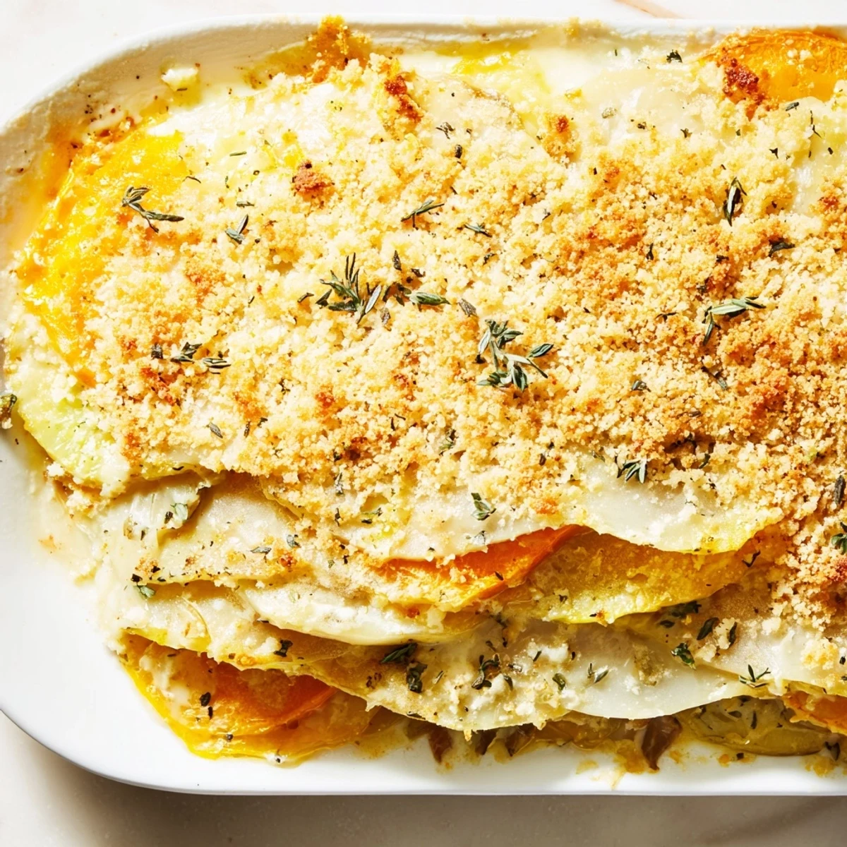Golden Winter Vegetable Gratin with Gruyere, bubbling hot from the oven, ready to serve.