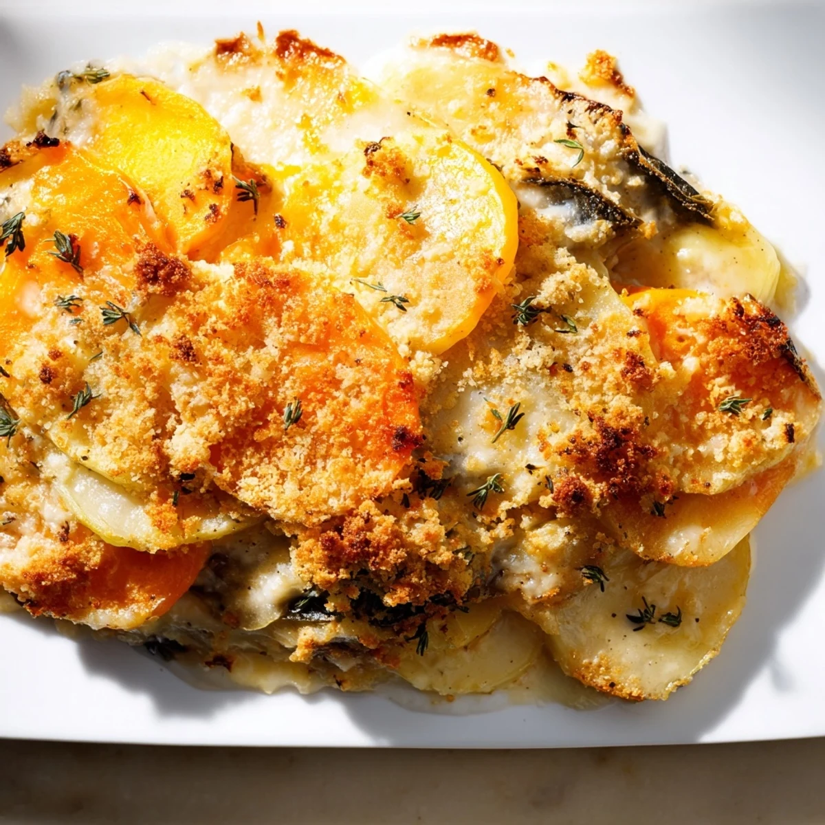 A close-up of a creamy Winter Vegetable Gratin with Gruyere, showcasing the melted cheese.