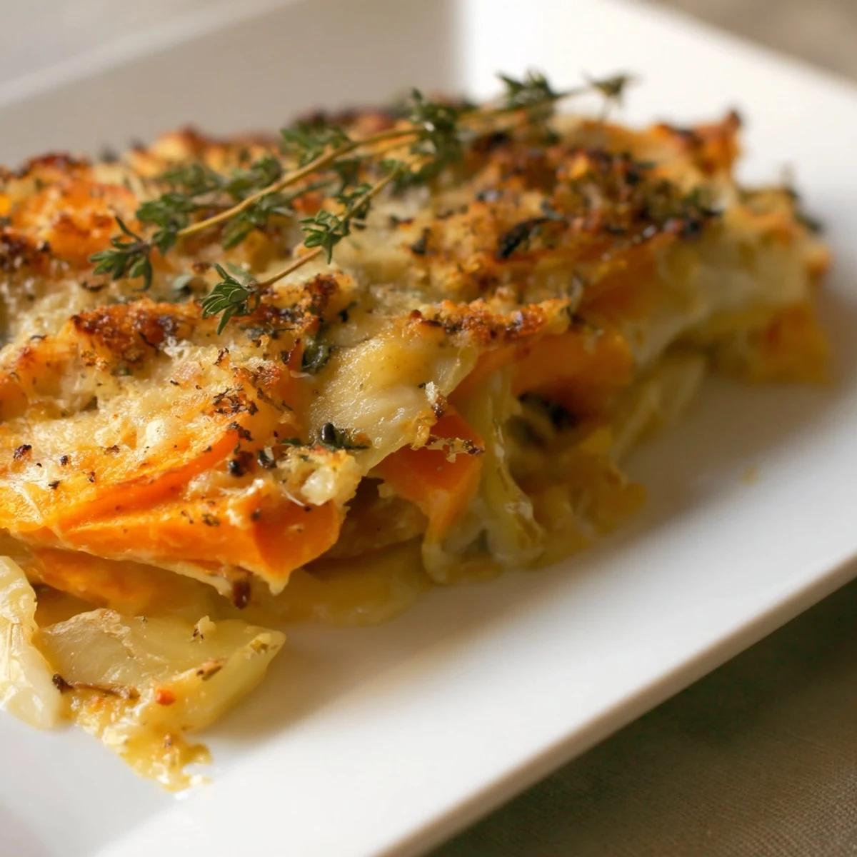 Rustic presentation of Winter Vegetable Gratin; fragrant, filling, and topped with golden breadcrumbs.