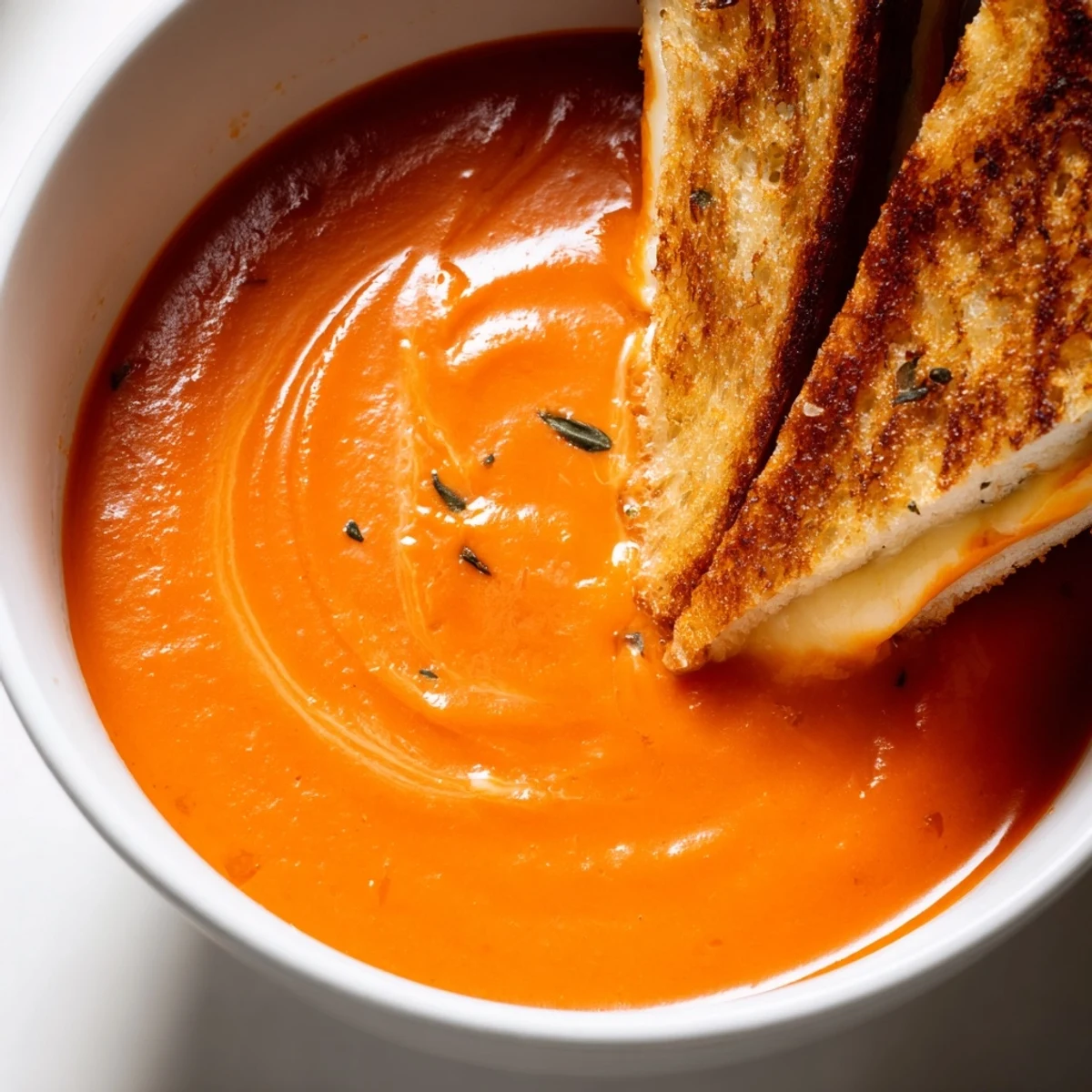 A bowl of Creamy Tomato Soup brimming, alongside golden grilled cheese dippers, perfect for a cozy meal.
