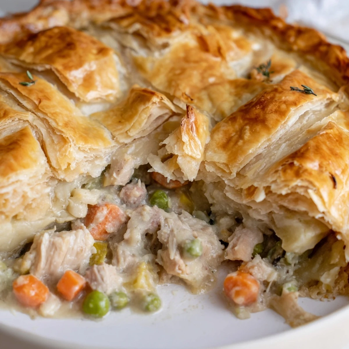 This creamy Turkey Pot Pie features a perfectly baked puff pastry crust, ready to enjoy with a salad.