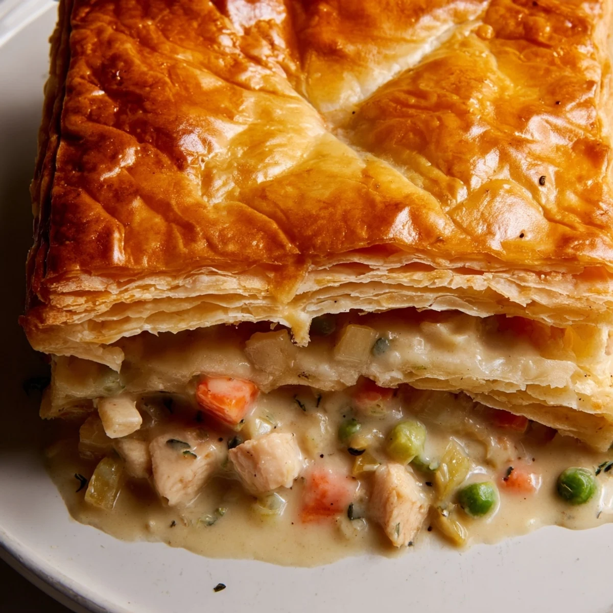 A close-up of a warm and savory Turkey Pot Pie, a comforting dish with a buttery crust.
