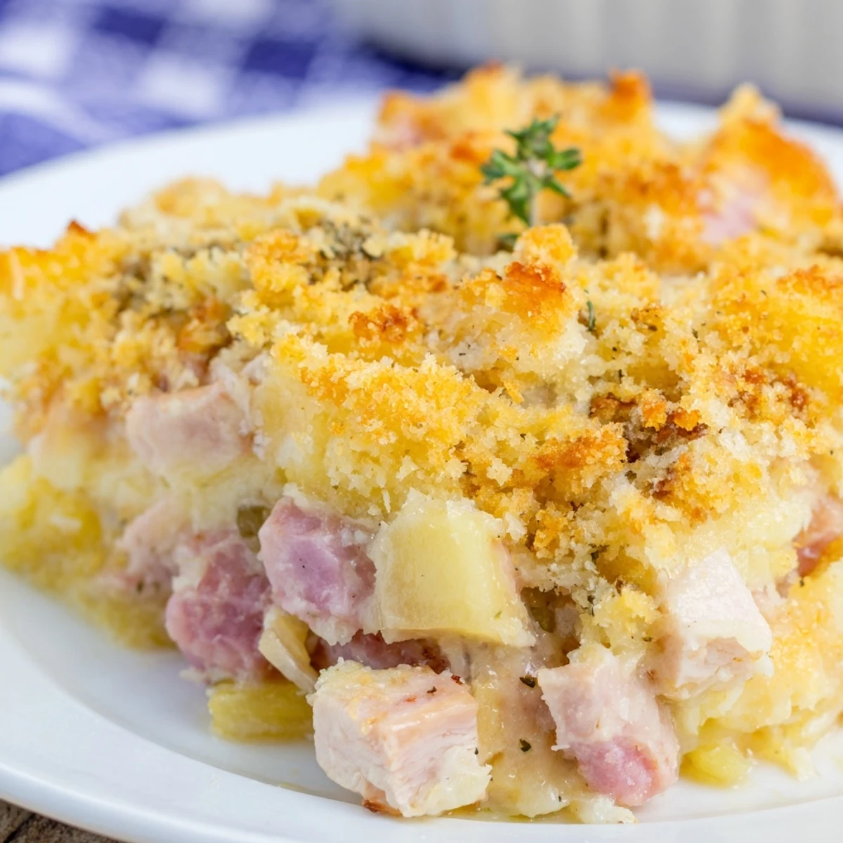 A warm, creamy Chicken Cordon Bleu Casserole featuring tender chicken, ham, and melted Swiss.