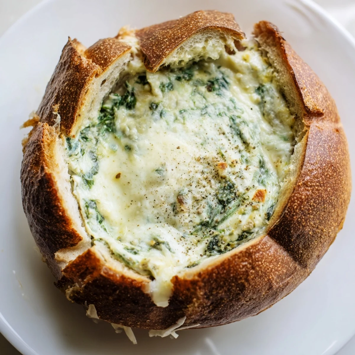 Bubbling creamy spinach dip served in a sourdough bread bowl, a delicious party appetizer.