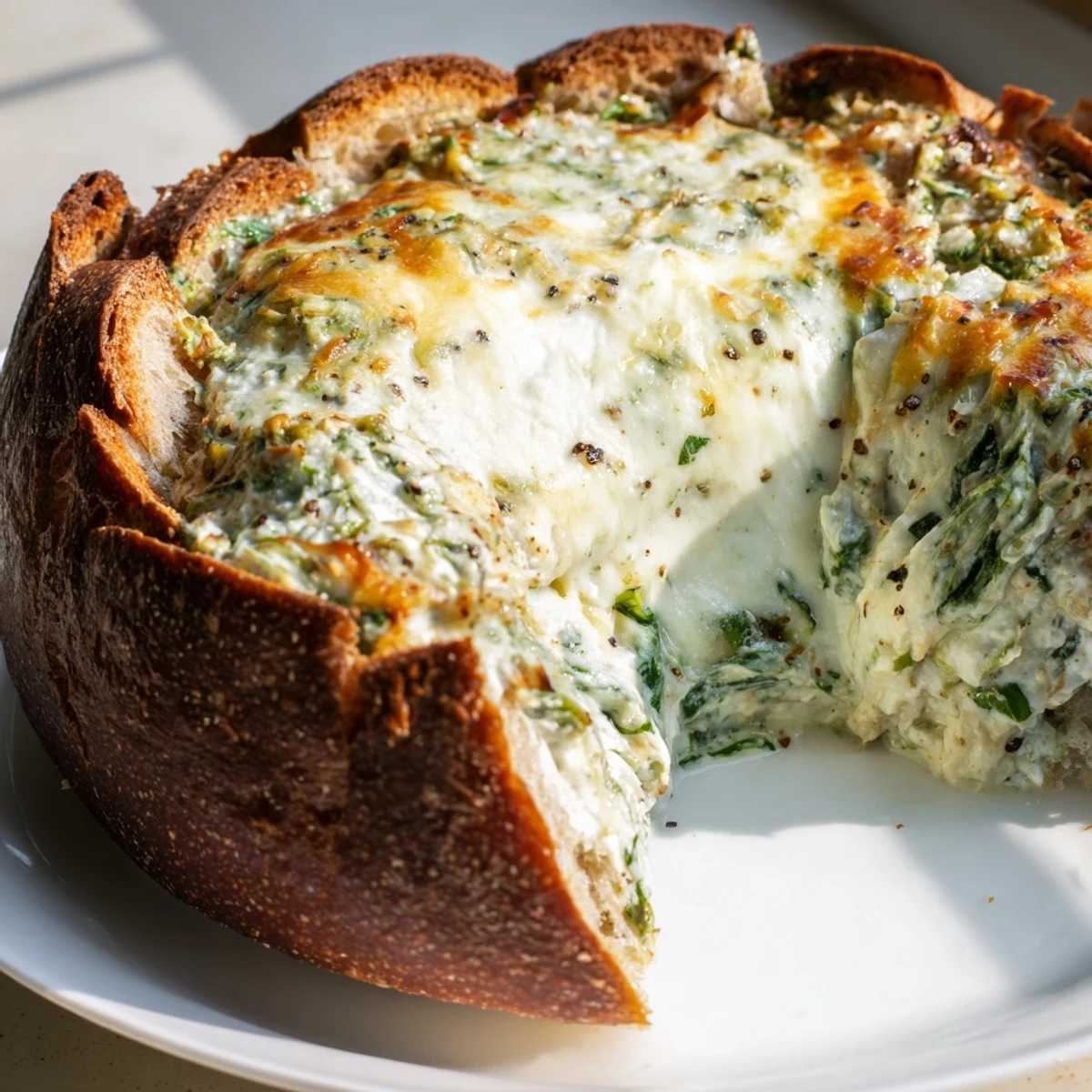 Golden-brown creamy spinach dip, hot from the oven, ready to be scooped with sourdough.