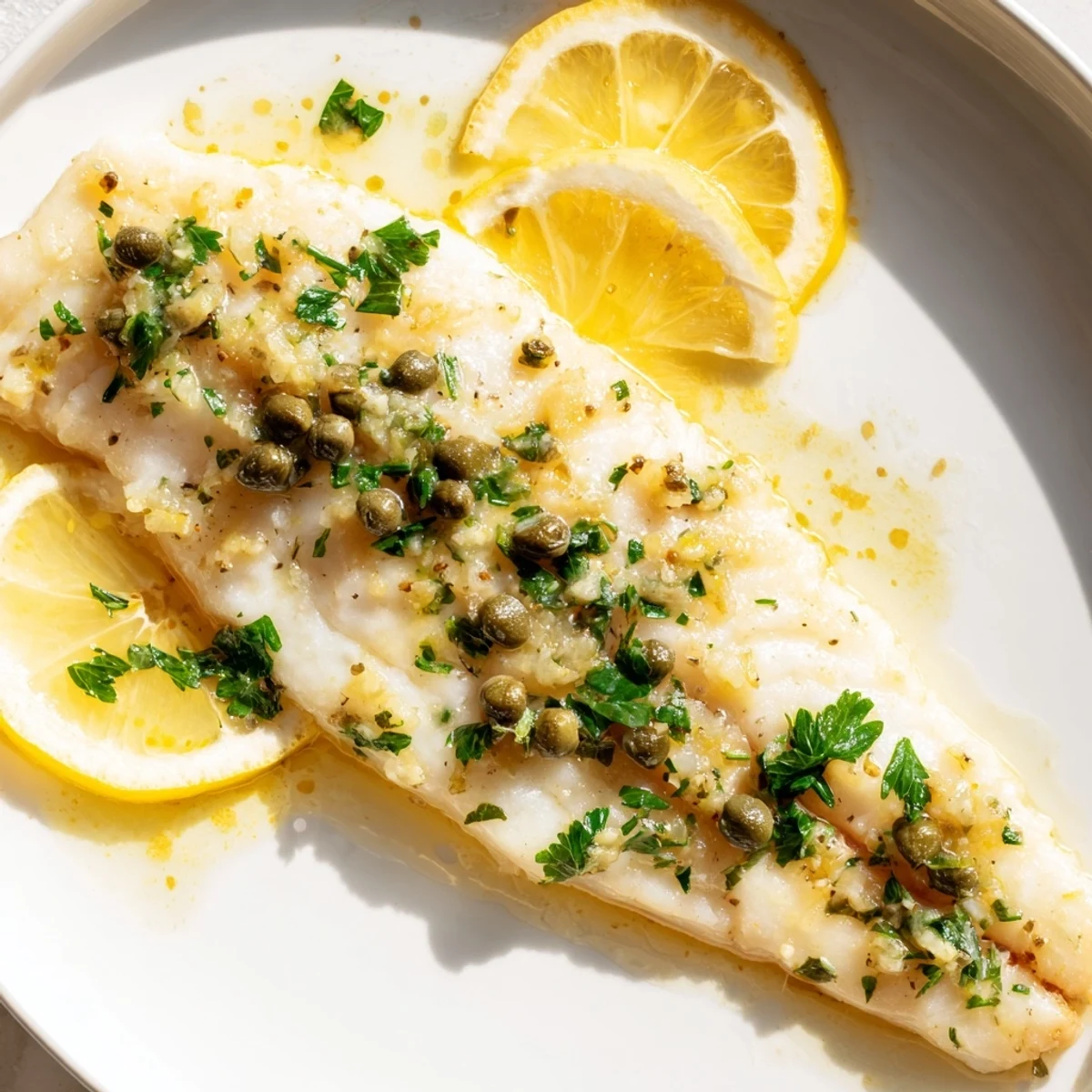 A close-up view of baked haddock with lemon and capers, with herbs, offering a taste sensation.