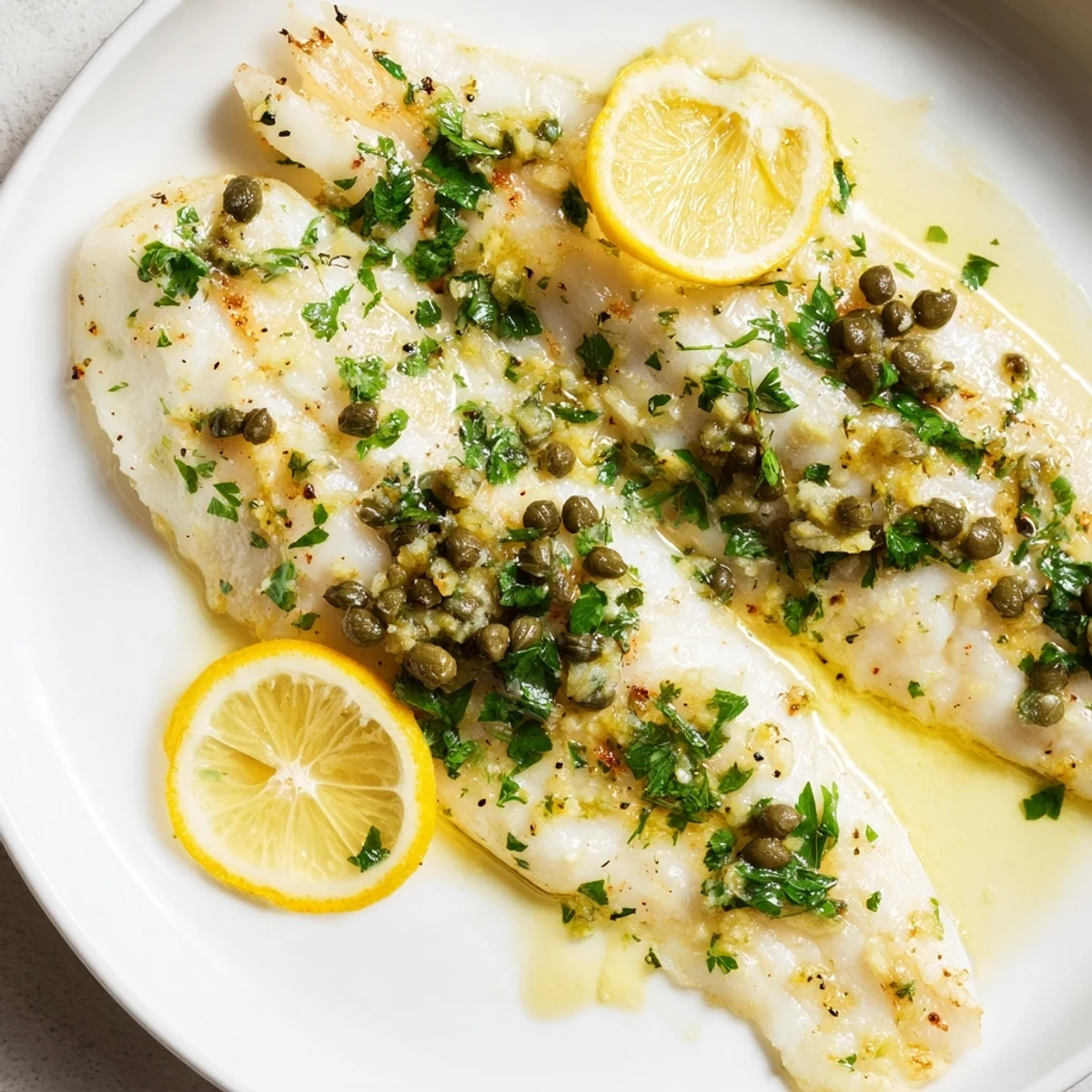 This baked haddock with lemon and capers features golden fillets with a flavorful, bright topping.