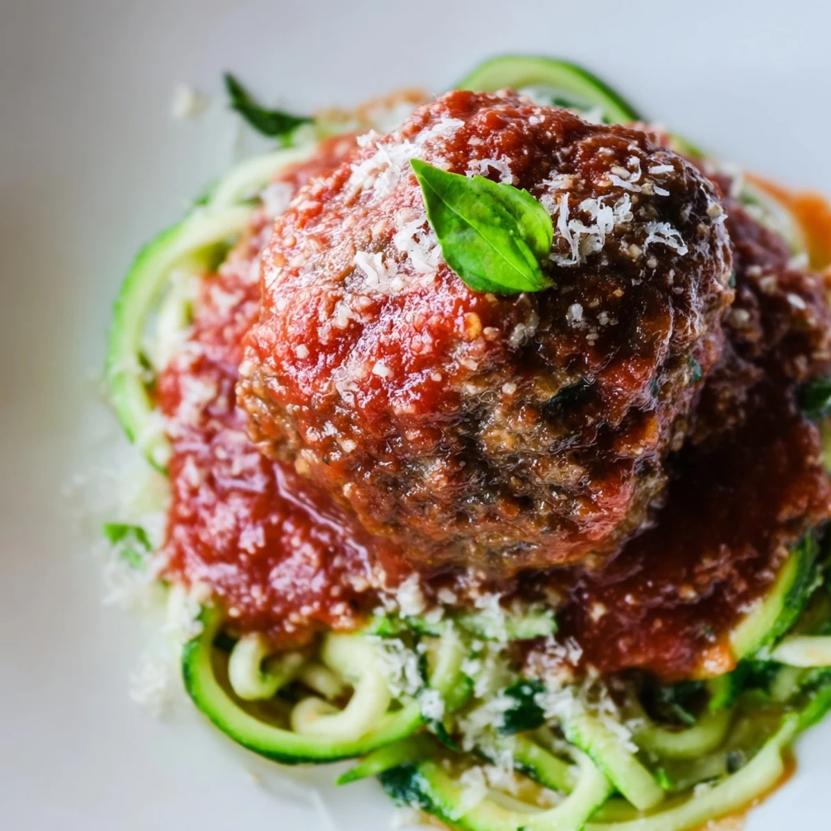 Savory turkey meatballs rest atop tender zucchini noodles, ready for a low-carb dinner.