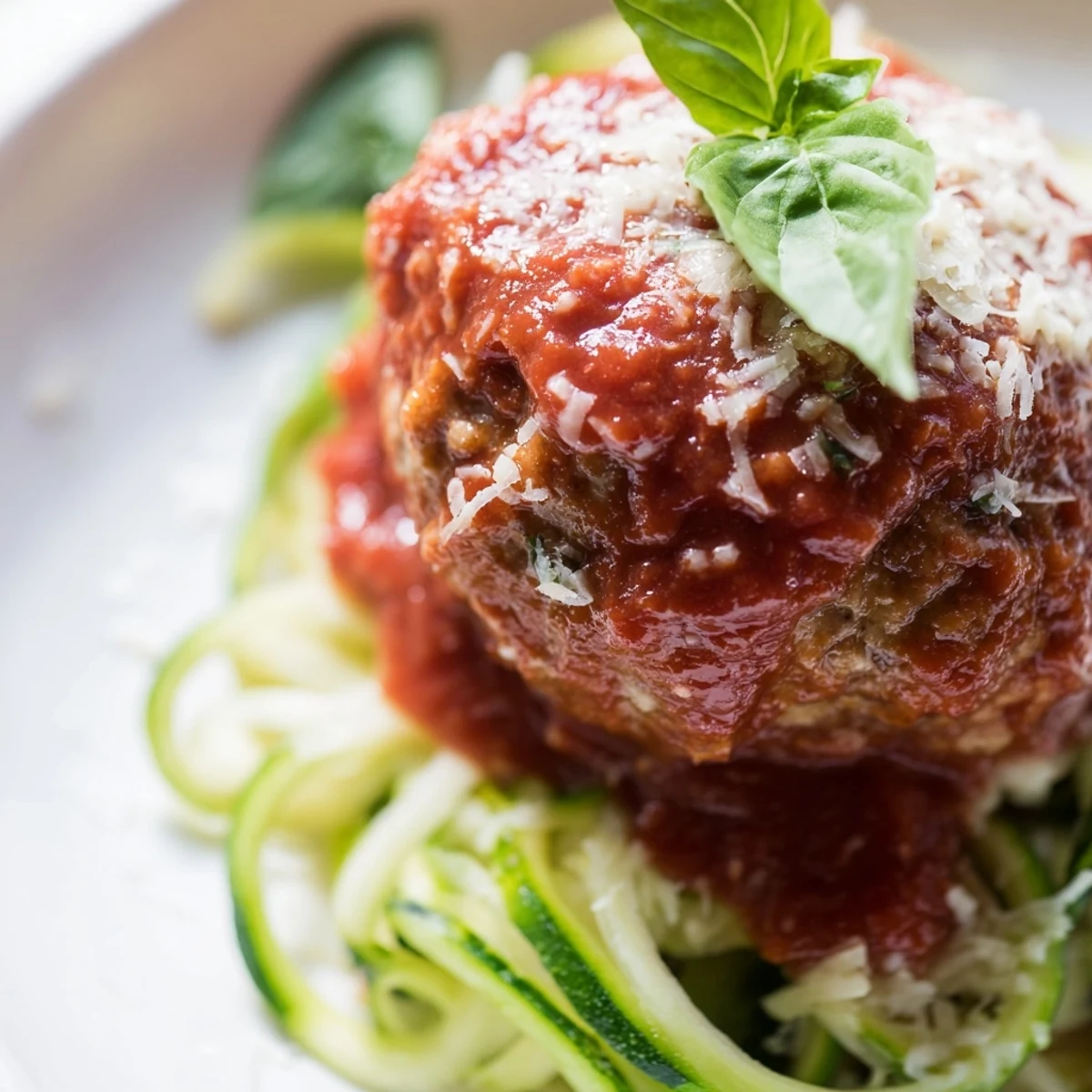Baked turkey meatballs in rich marinara over fresh spiralized zucchini noodles.