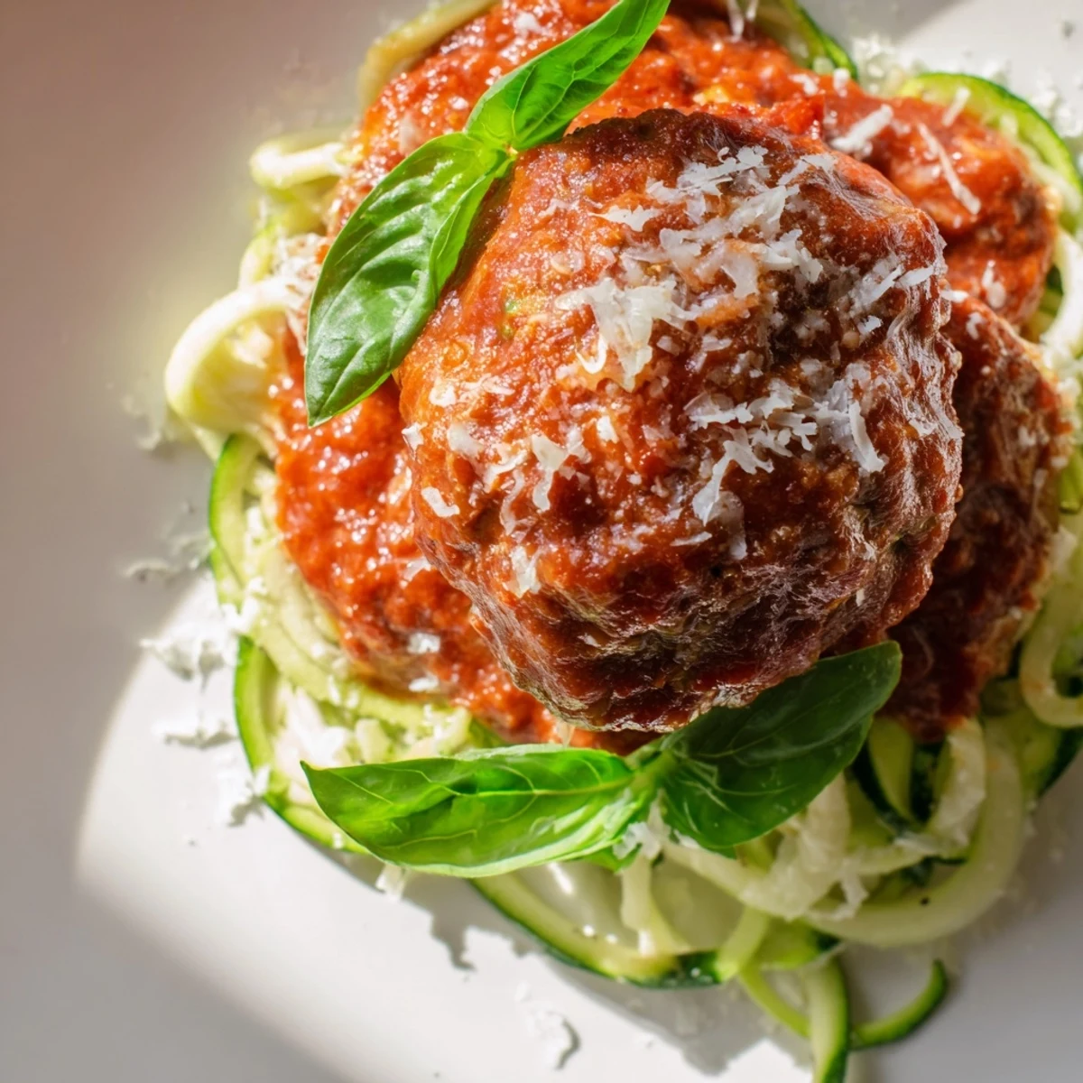 Bite-sized turkey meatballs and zucchini noodles paired with Parmesan and basil garnish.