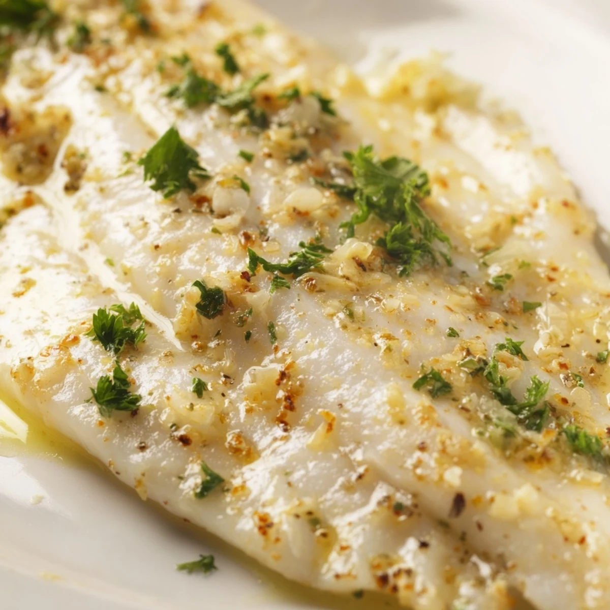 Freshly baked tilapia fillets glistening with lemon butter sauce and fresh parsley on a white plate.