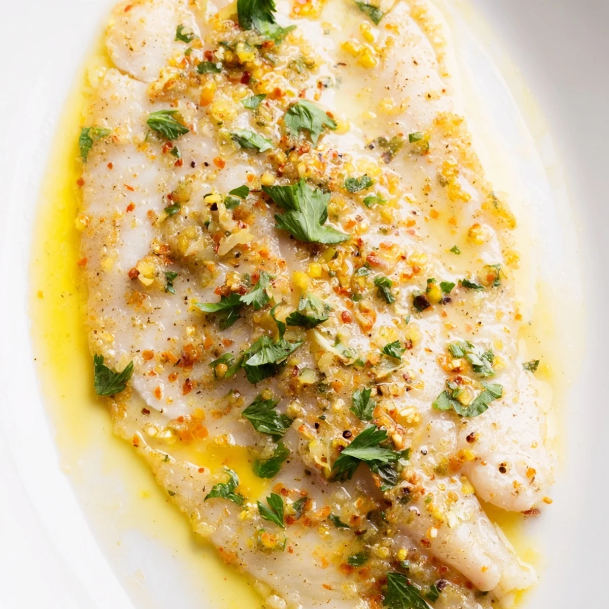 Golden, flaky Baked Tilapia with Lemon Butter served beside vibrant green asparagus spears for a healthy dinner.