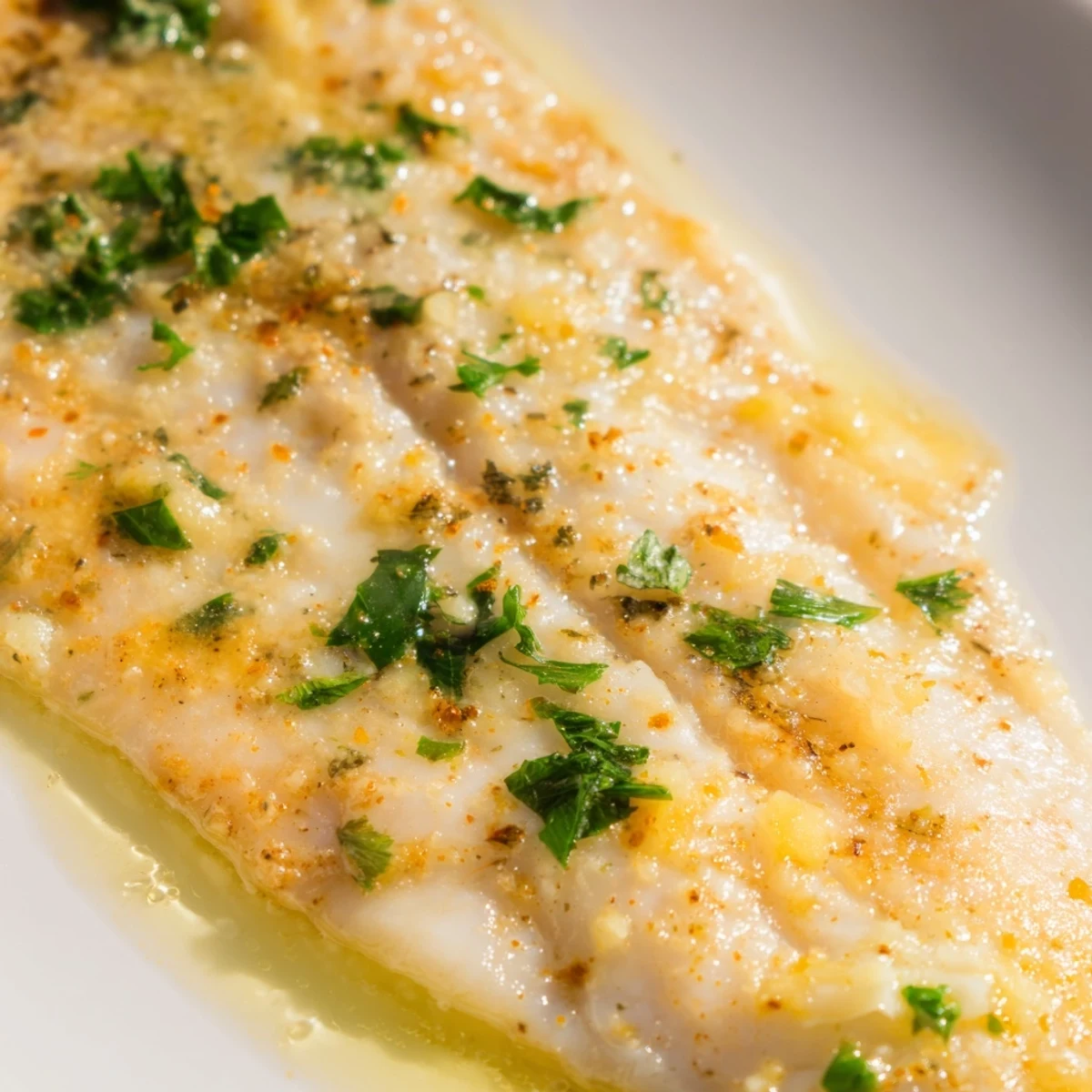 Tender Baked Tilapia with Lemon Butter garnished with lemon slices and parsley, ready to be served hot.