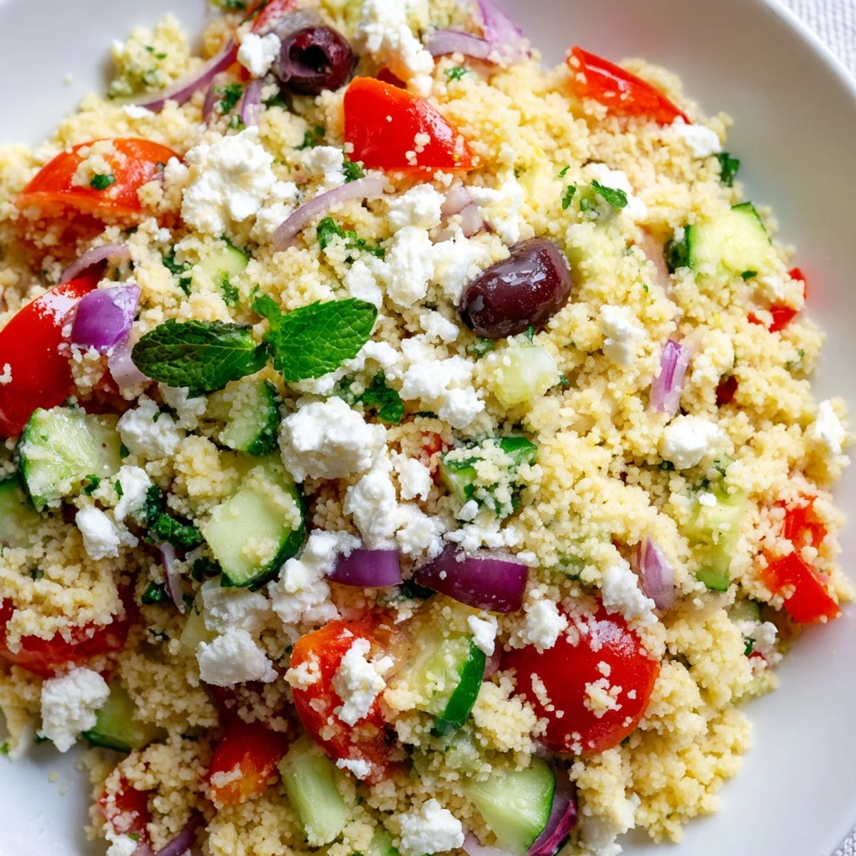Bright Mediterranean Couscous Salad with chopped vegetables, olives, and feta in a serving bowl.