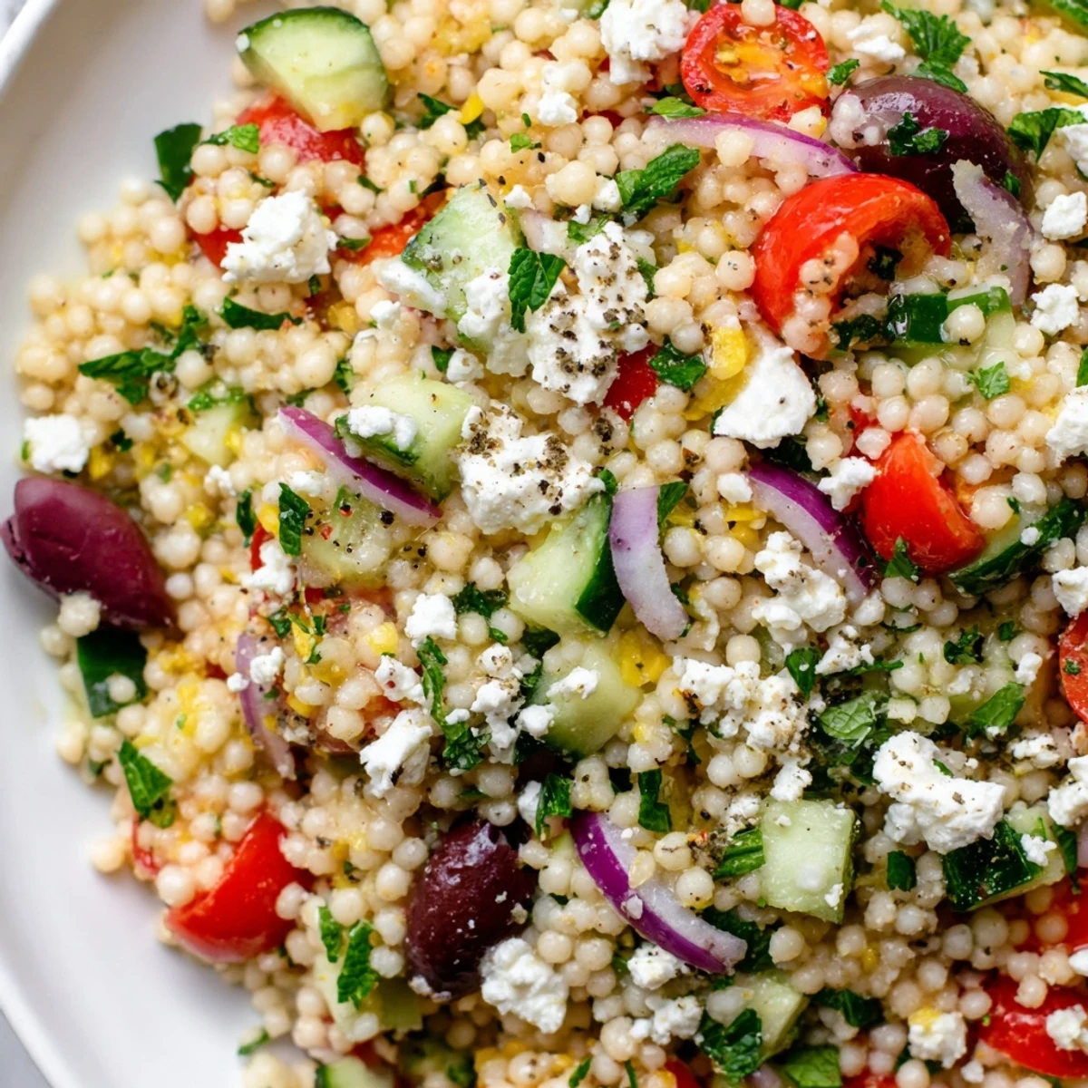 Family-style Mediterranean Couscous Salad with herbs and feta, perfect for a summer picnic lunch.