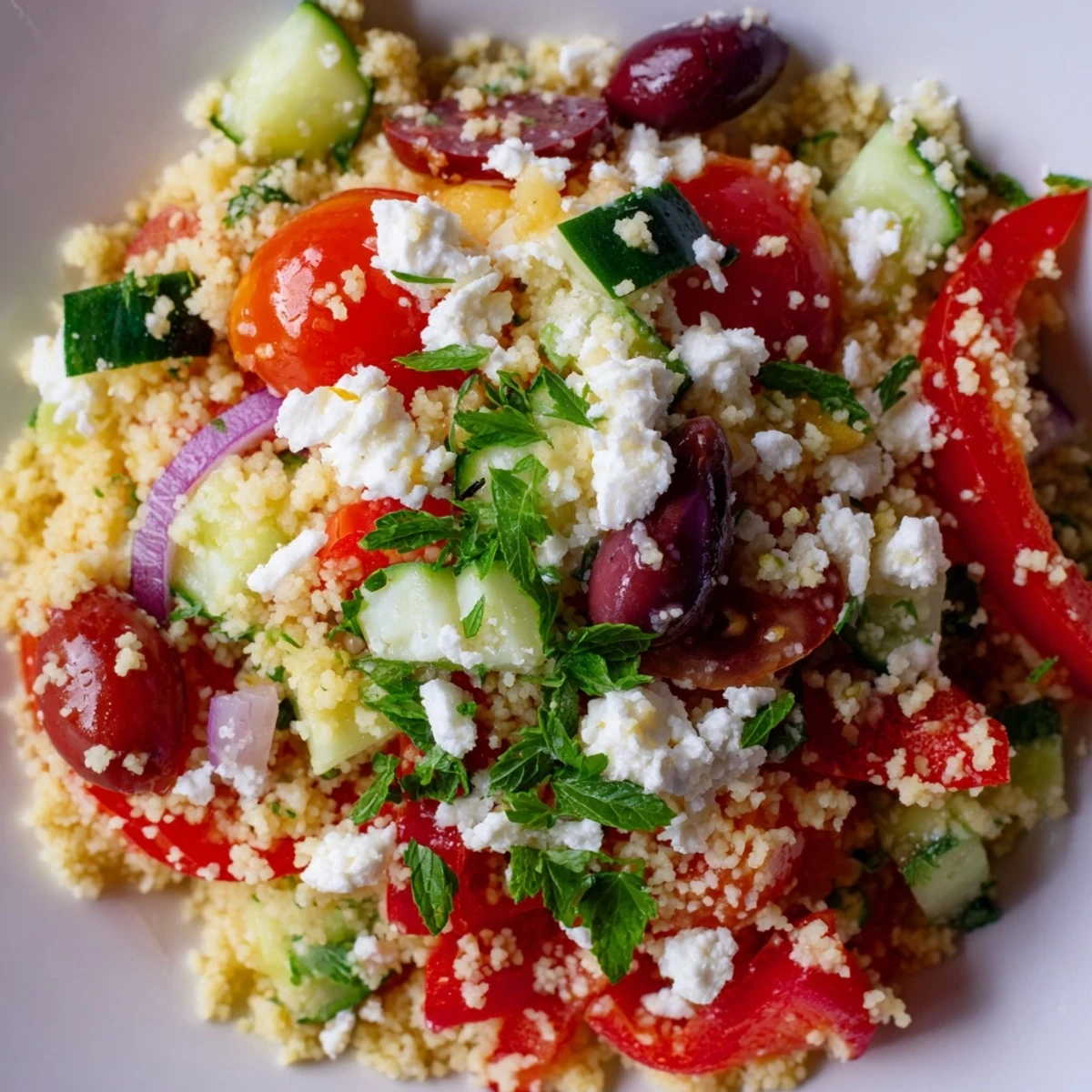 Spoon of fluffy Mediterranean Couscous Salad with cherry tomatoes, cucumbers, and zesty lemon dressing.