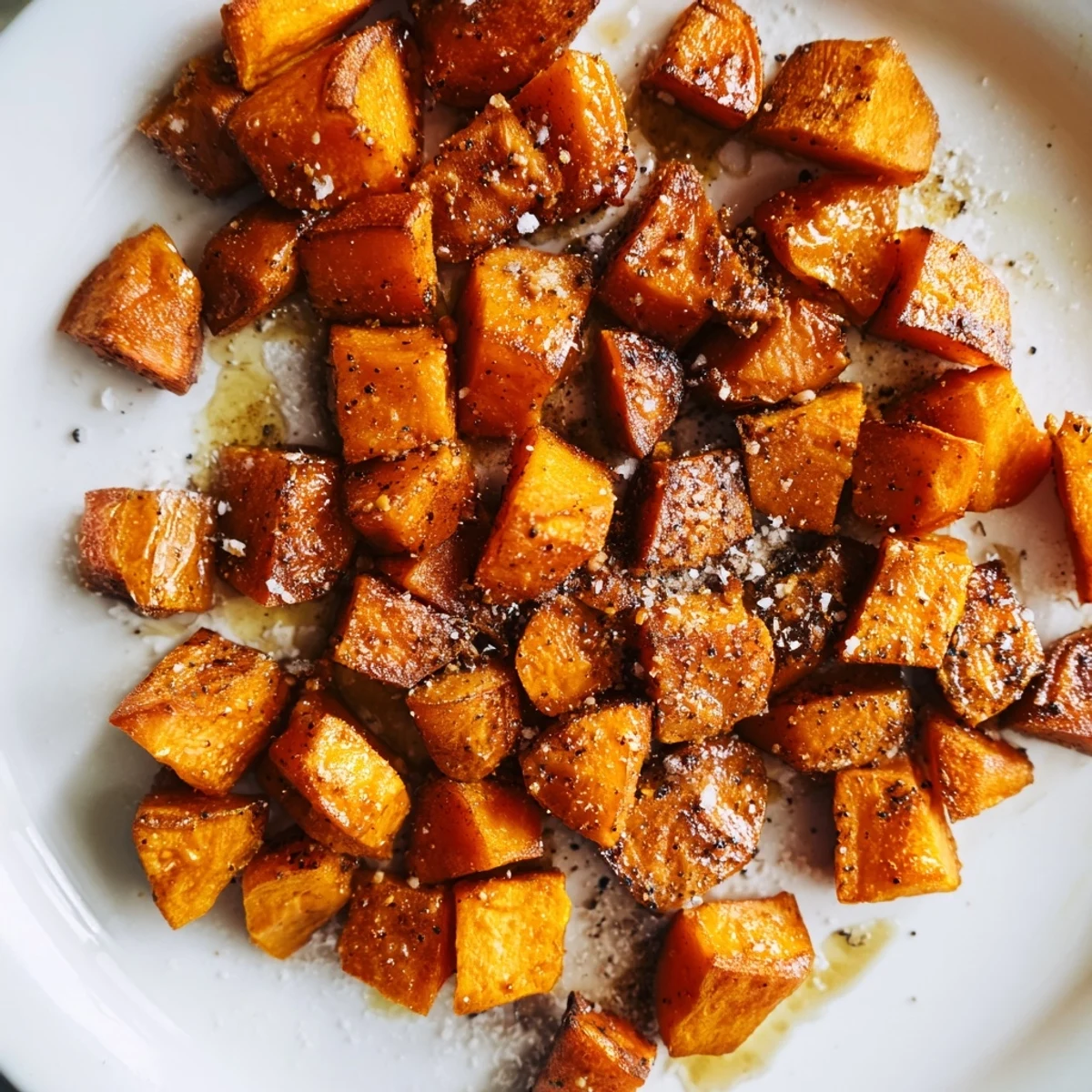 Golden brown Roasted Sweet Potatoes with Cinnamon arranged on a baking sheet with fresh herbs, ready to serve.