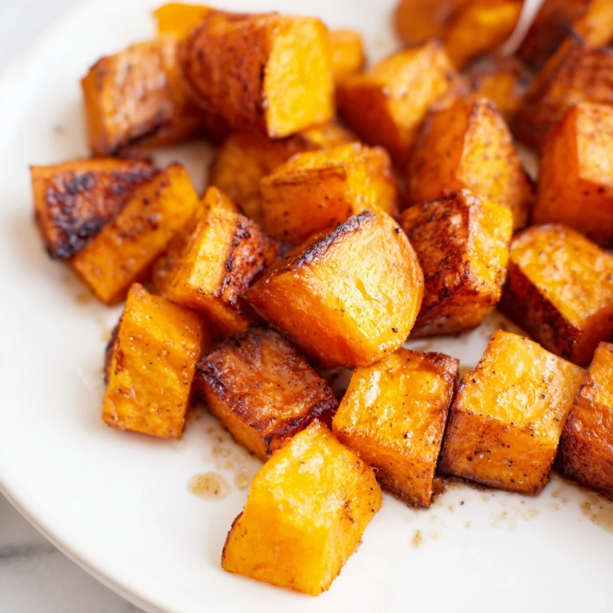 Freshly roasted Roasted Sweet Potatoes with Cinnamon topped with a drizzle of maple syrup and a pinch of sea salt.