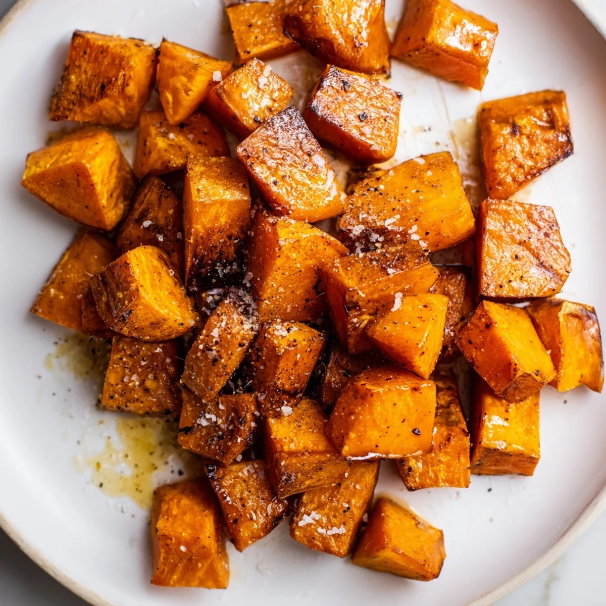 A close-up of tender Roasted Sweet Potatoes with Cinnamon showing soft orange interiors and crisp caramelized edges.