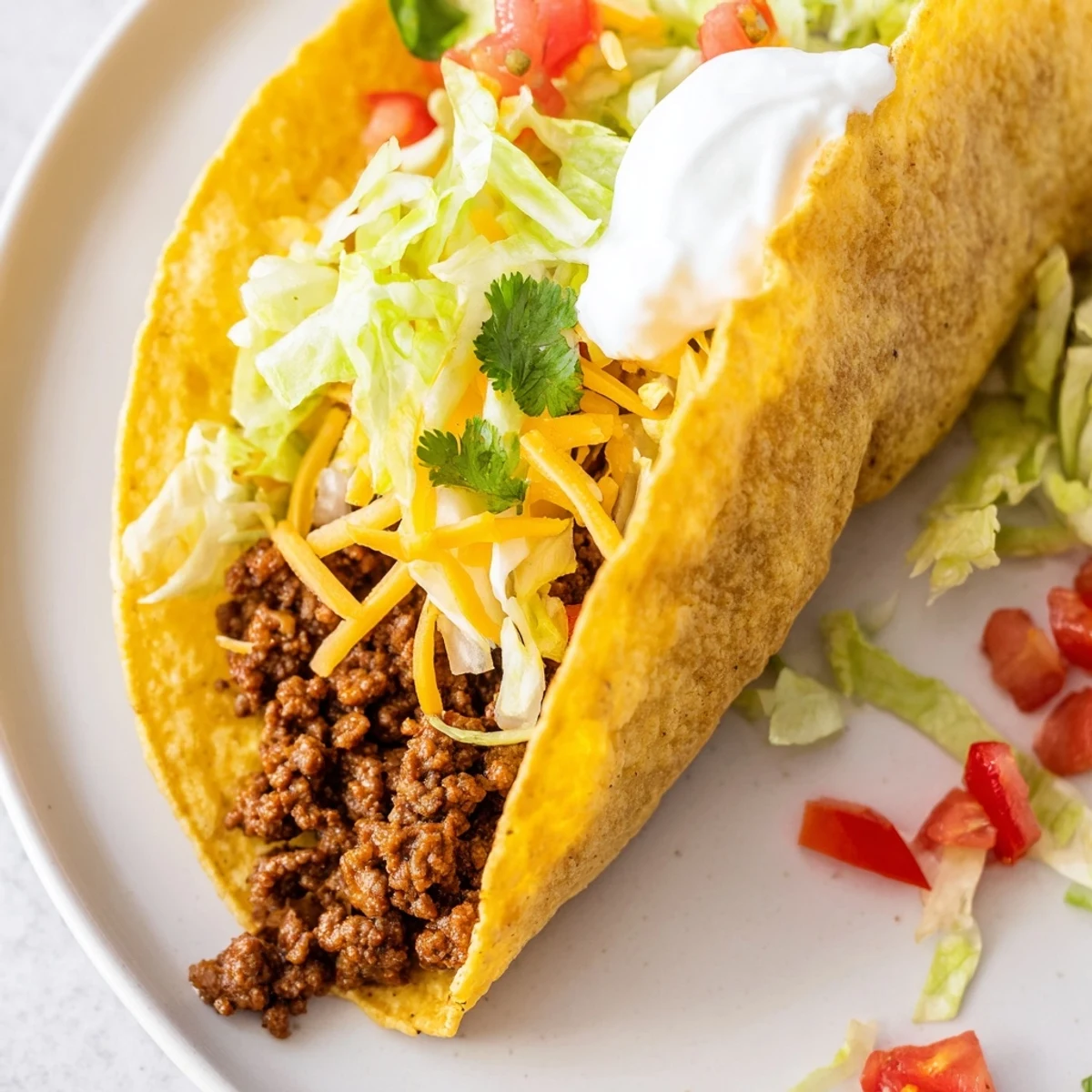 Crispy beef tacos with hard shells topped with cheddar cheese, sour cream, and fresh cilantro on a platter.